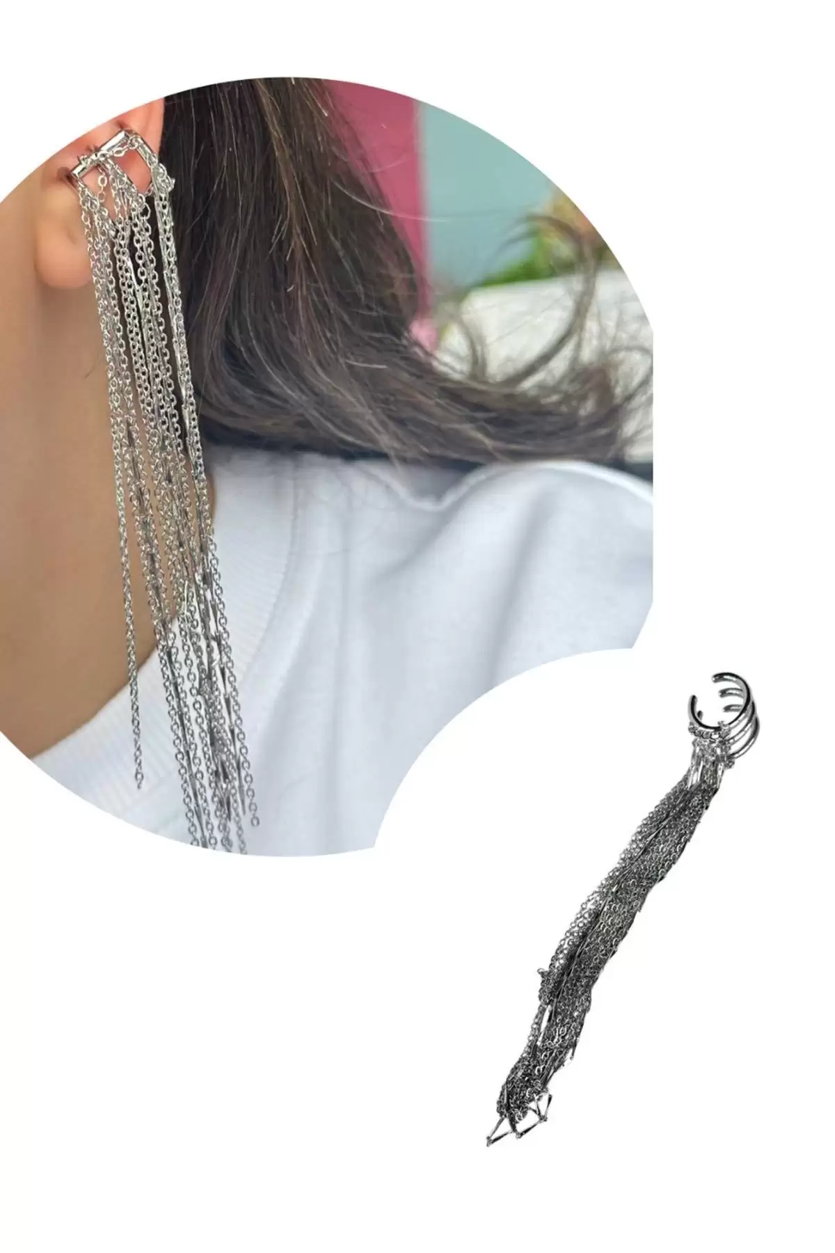 Gümüş Renk Zincir Detaylı Sallantılı Ear Cuff (Tek)