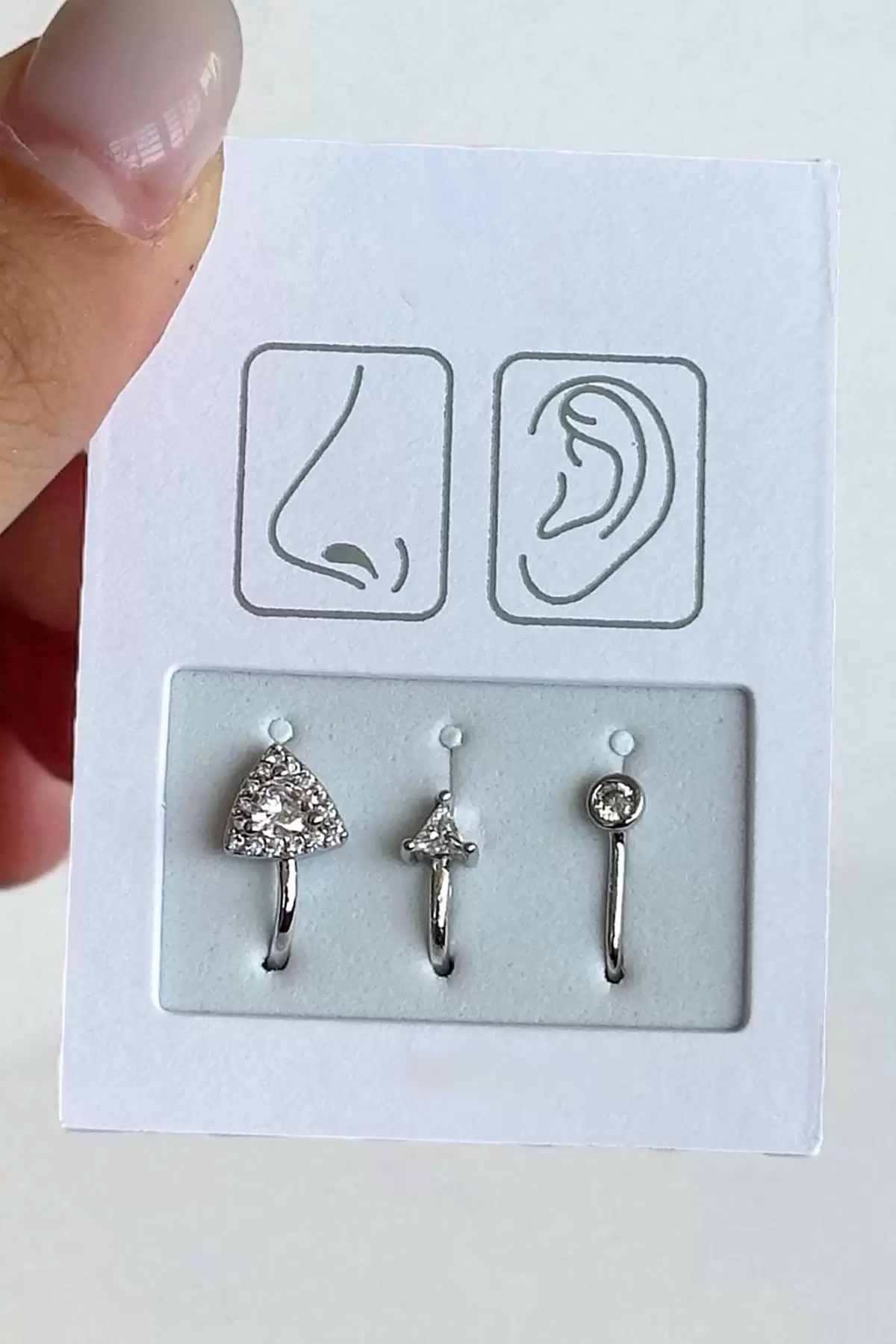 Gümüş Taş Detaylı Figürlü Deliksiz Kulak/ Burun 3lü Piercing Set