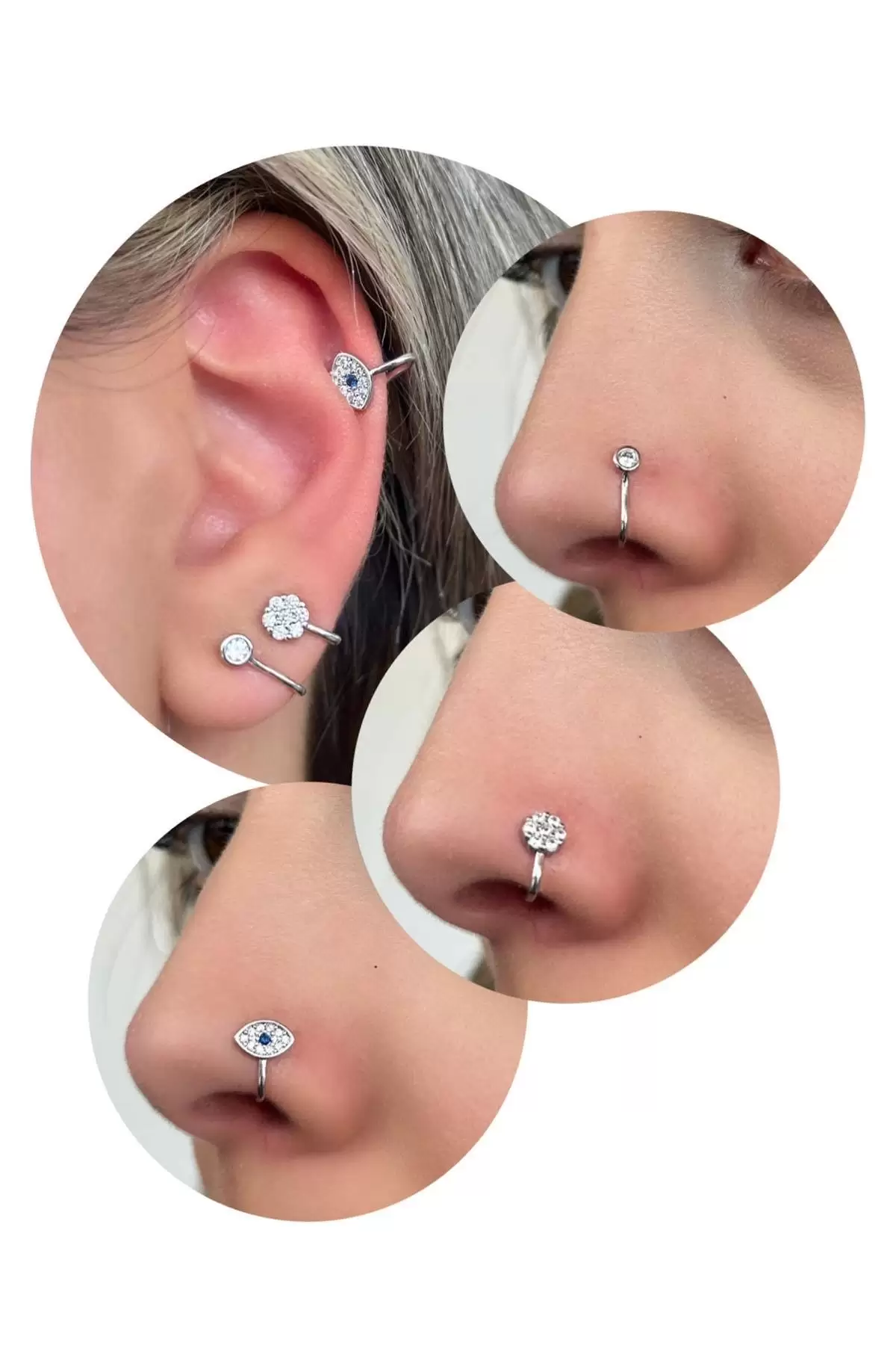 Gümüş Taş Detaylı Figürlü Deliksiz Kulak/ Burun 3lü Piercing Set