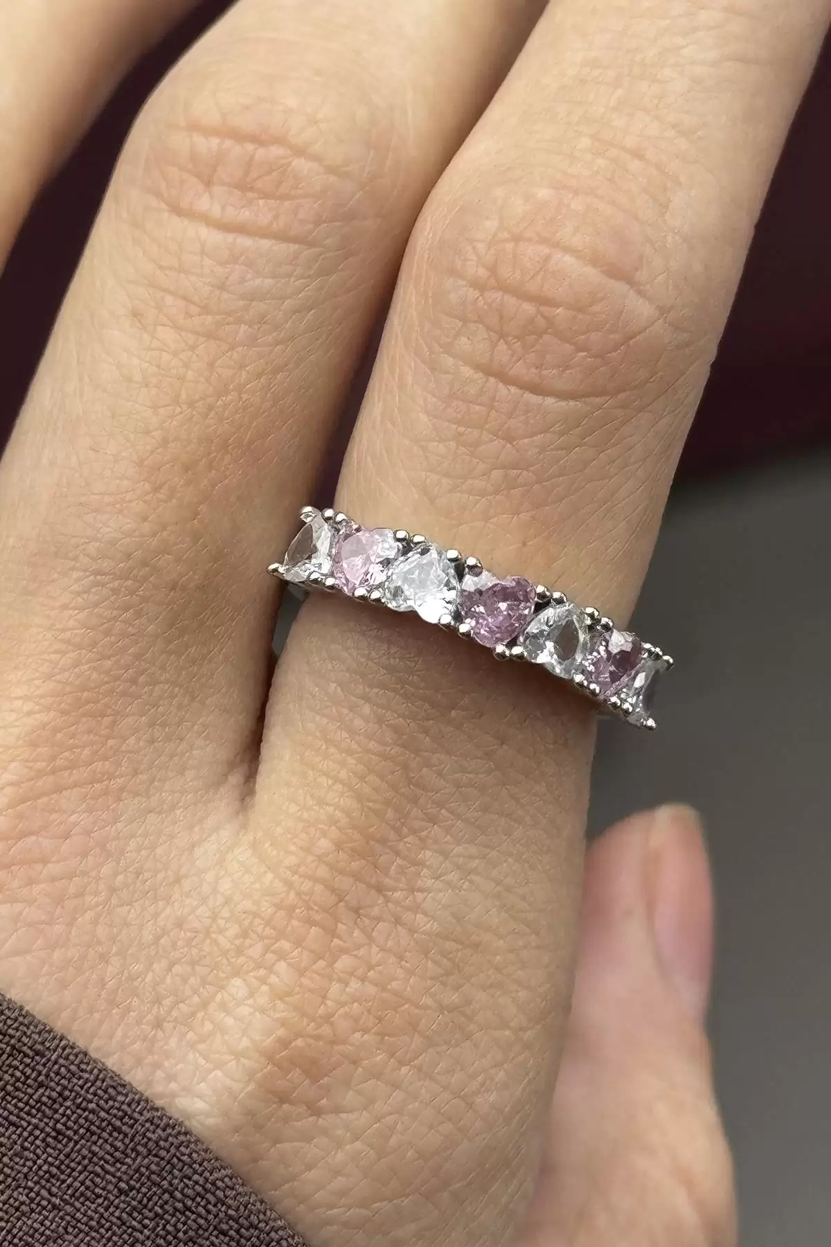 Gümüş Ve Pembe Renk Kalp Detaylı Ayarlanabilir Yüzük
