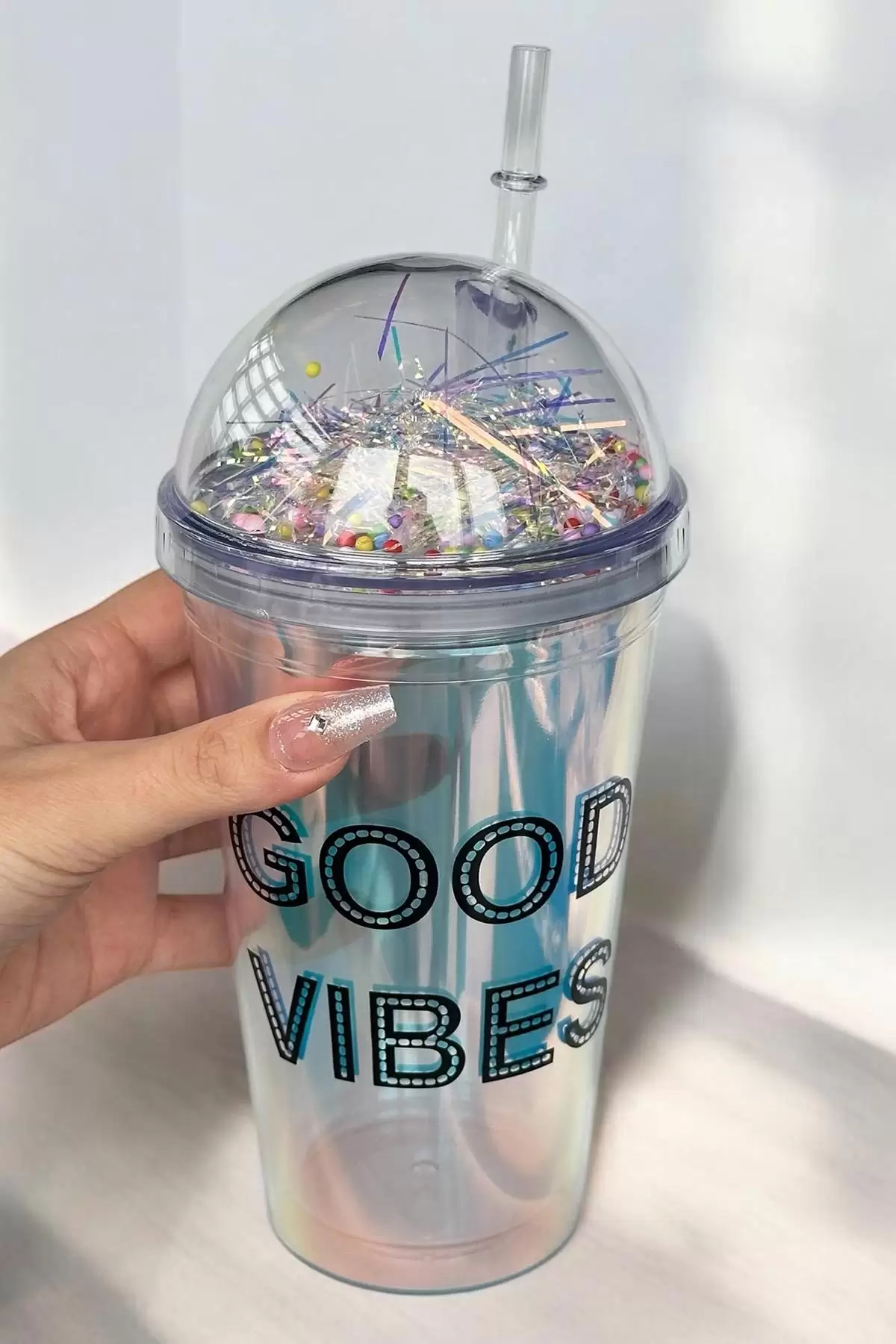 Hologramlı Good Vıbes Yazılı Pipetli Suluk