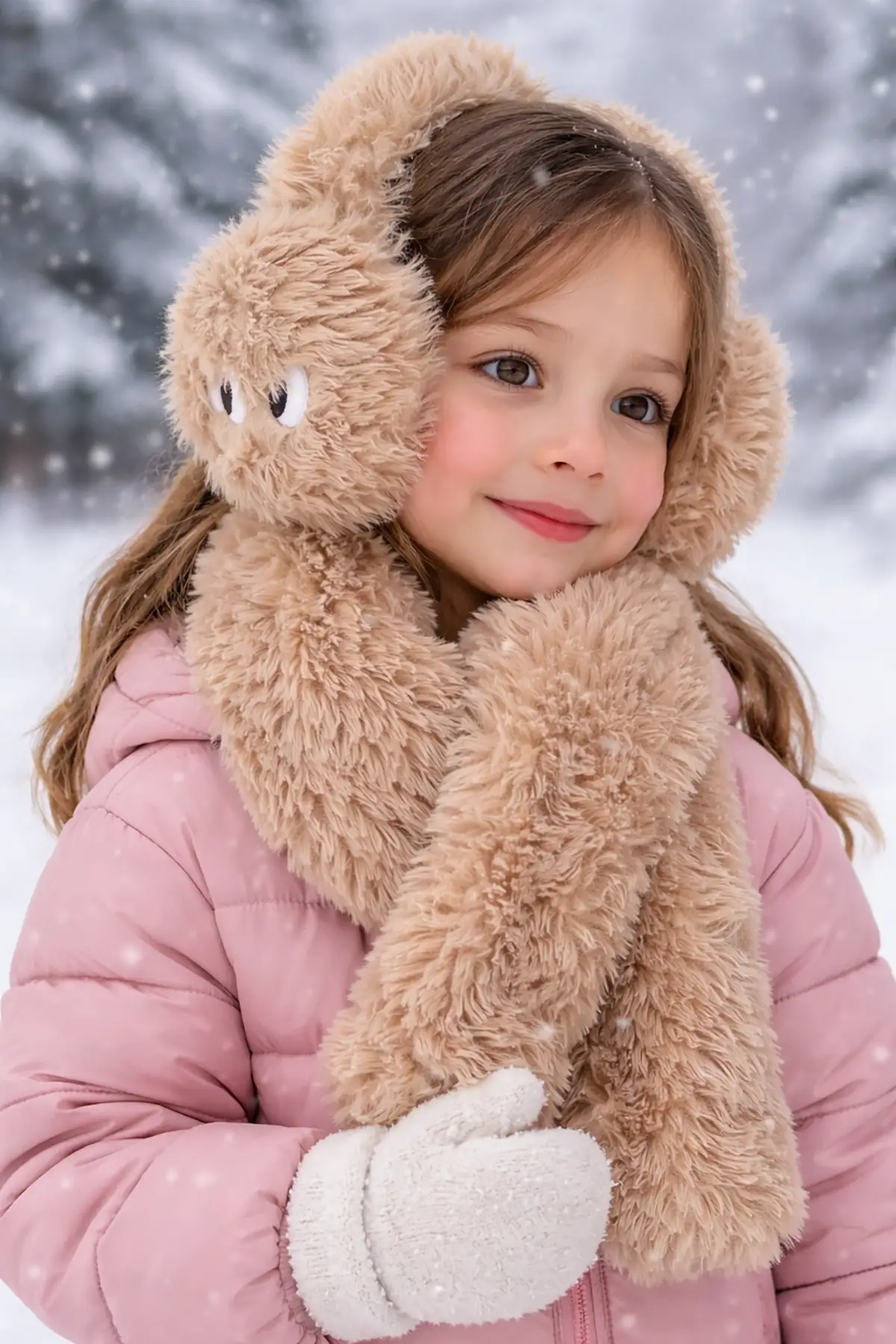 Kahve Renk Göz Figürlü Peluş Atkı Ve Kulaklık Set