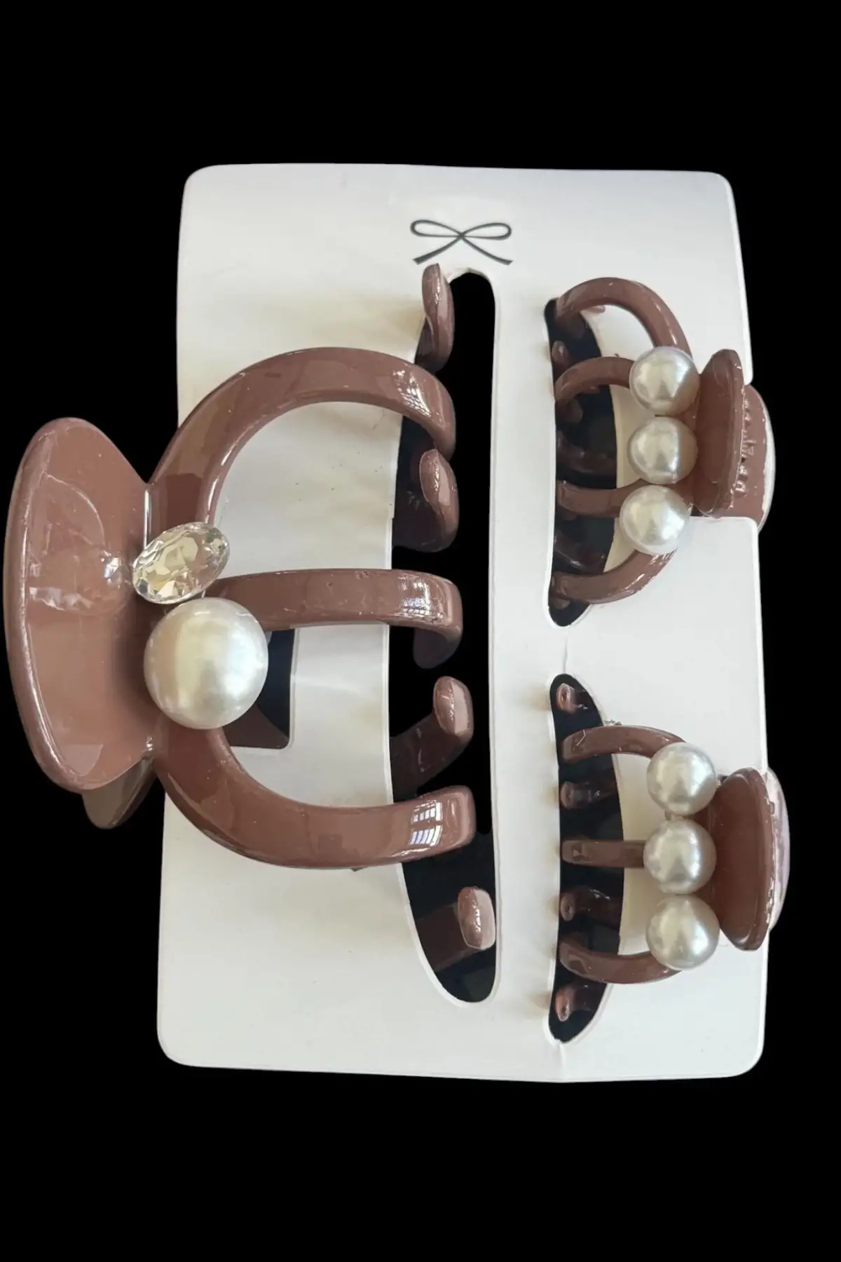 Kahve Renk İnci Detaylı 3lü Kemik Mandal Toka Set