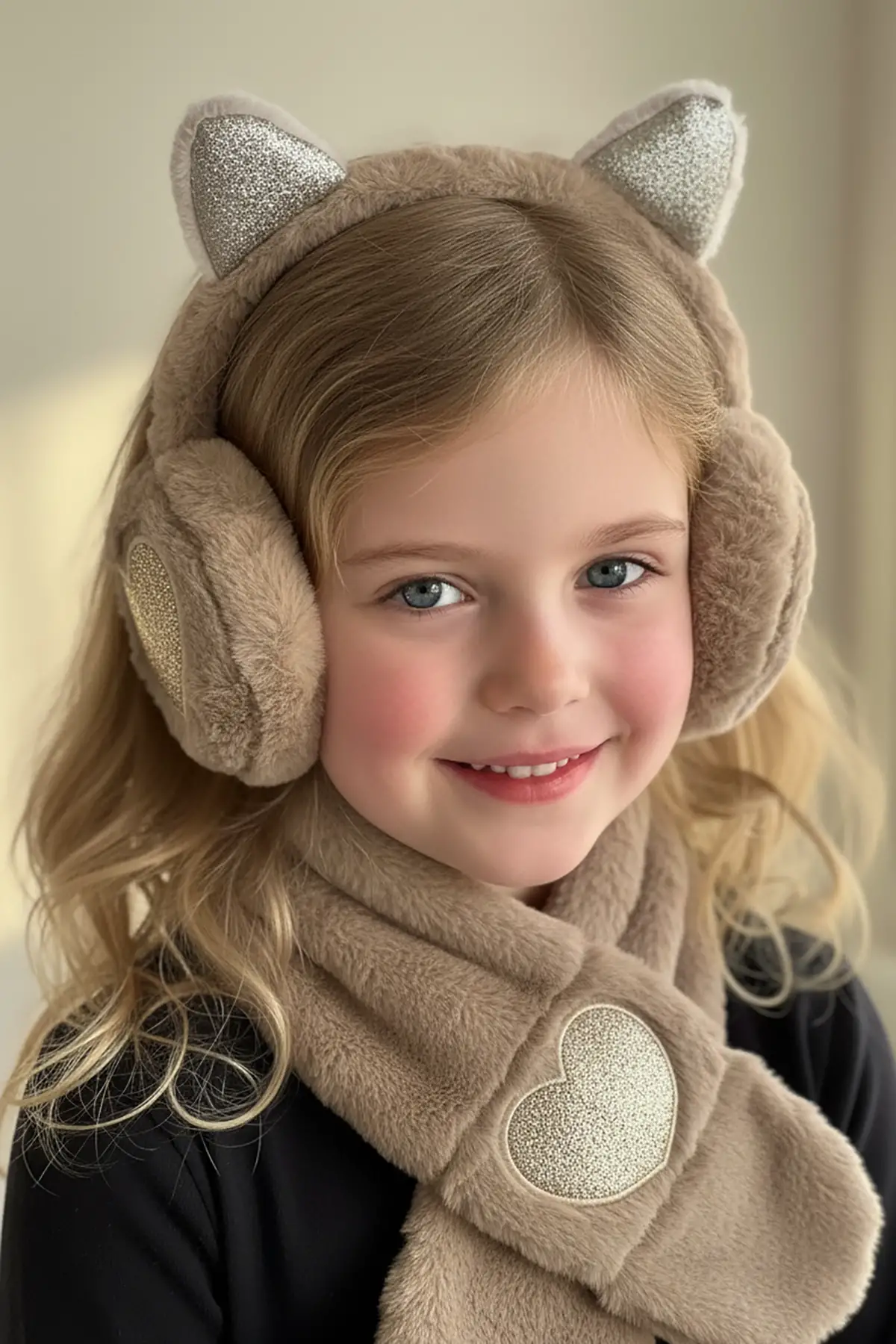 Kahve Renk Kalp Detaylı Peluş Atkı Ve Kulaklık Set