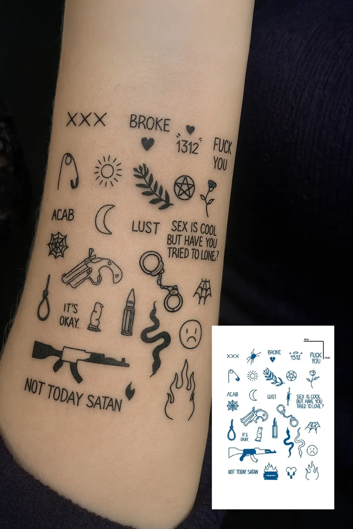 Karışık Figürlü 12 Saat Sonra Kararan Geçici Dövme Tattoo