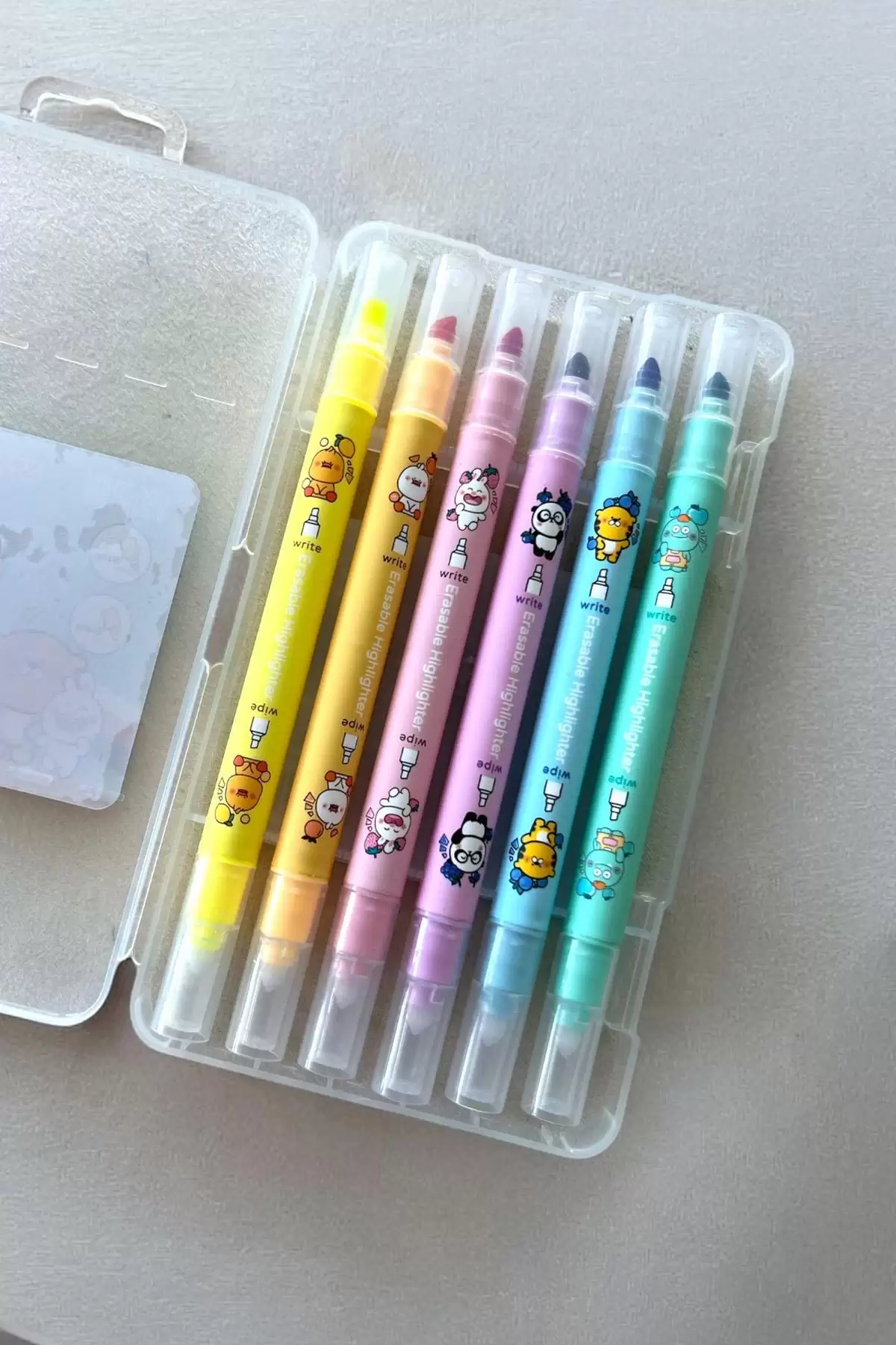 Karışık Figürlü 6lı Silgi Detaylı Fosforlu Kalem Set