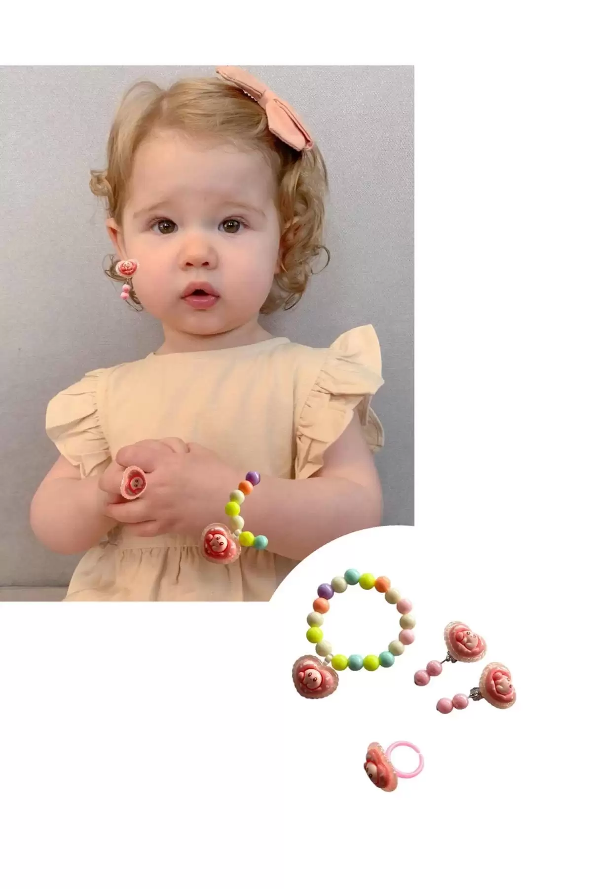 Karışık Renk Çocuk Sıkıştırmalı Küpe/ Bileklik/ Yüzük Set