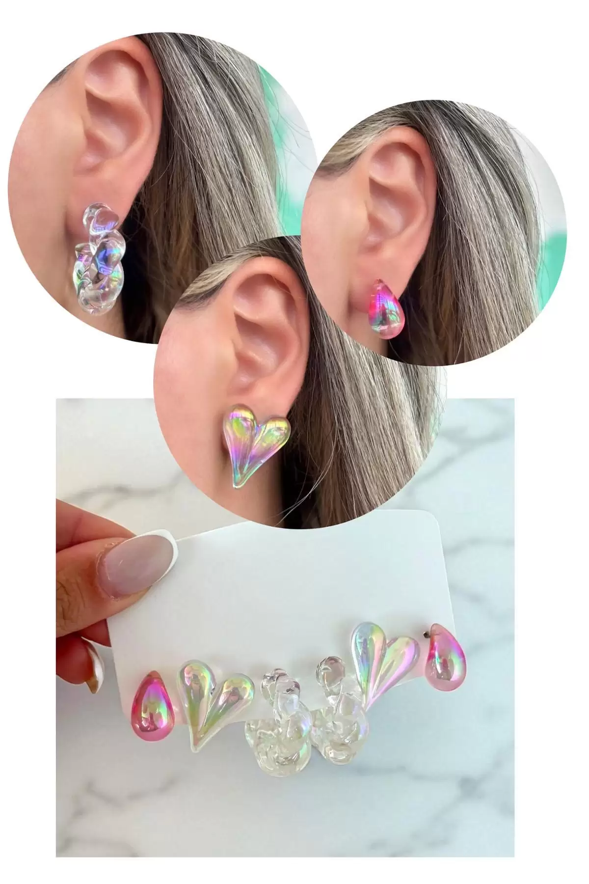 Karışık Renk Hologramlı 6lı Küpe Set