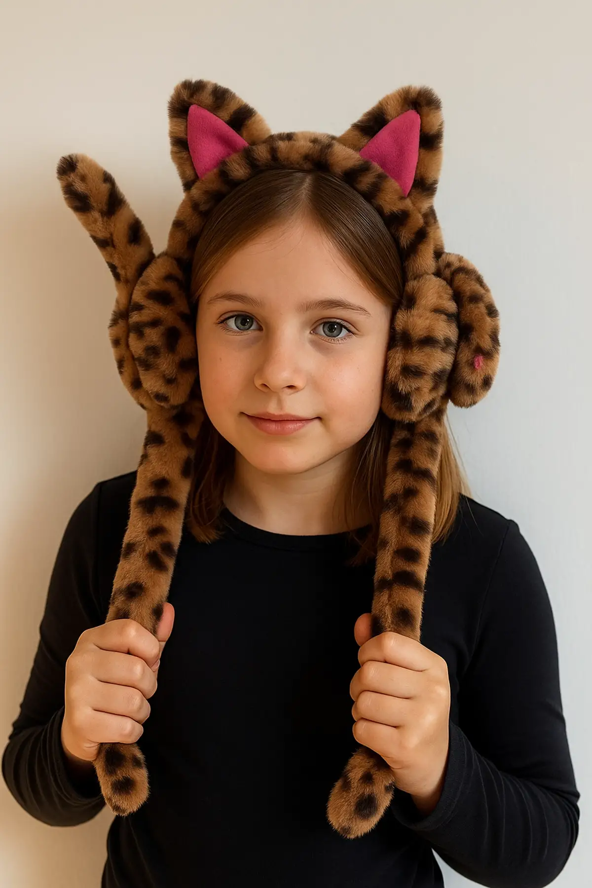 Karışık Renk Kulak Figürlü Leopar Desenli Kulakları Oynayan Peluş Kulaklık