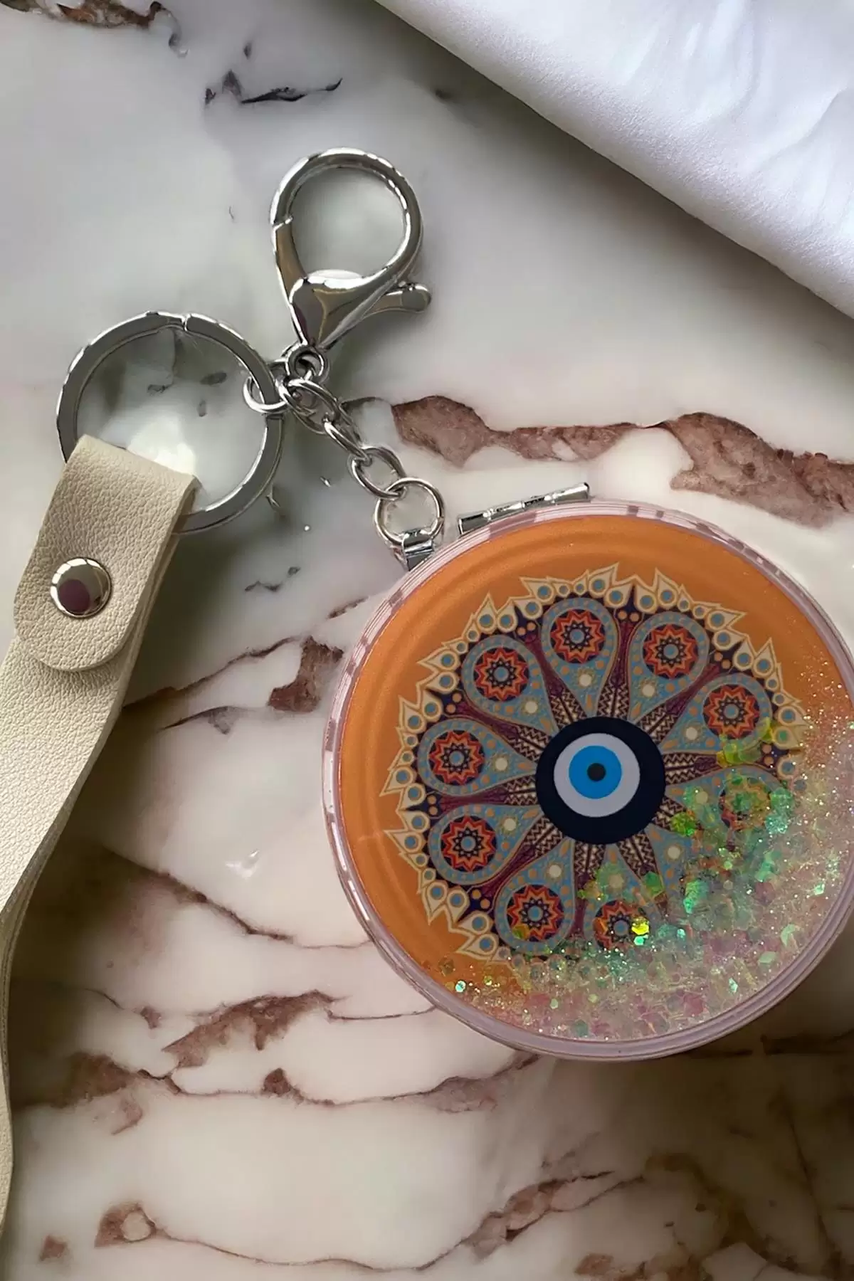 Karışık Renk Nazar Boncuk Figürlü Sim Detaylı Cep Aynası/ Anahtarlık