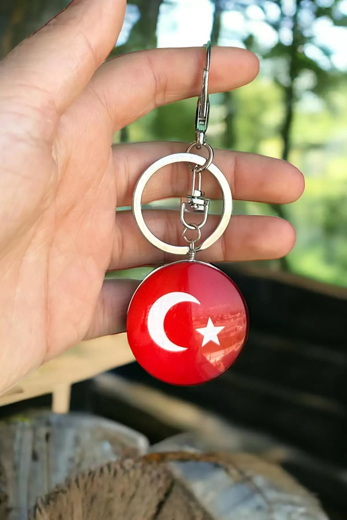 Karışık Renk Türk Bayrak Figürlü Nazar Boncuk Desenli Çift Taraflı Anahtarlık