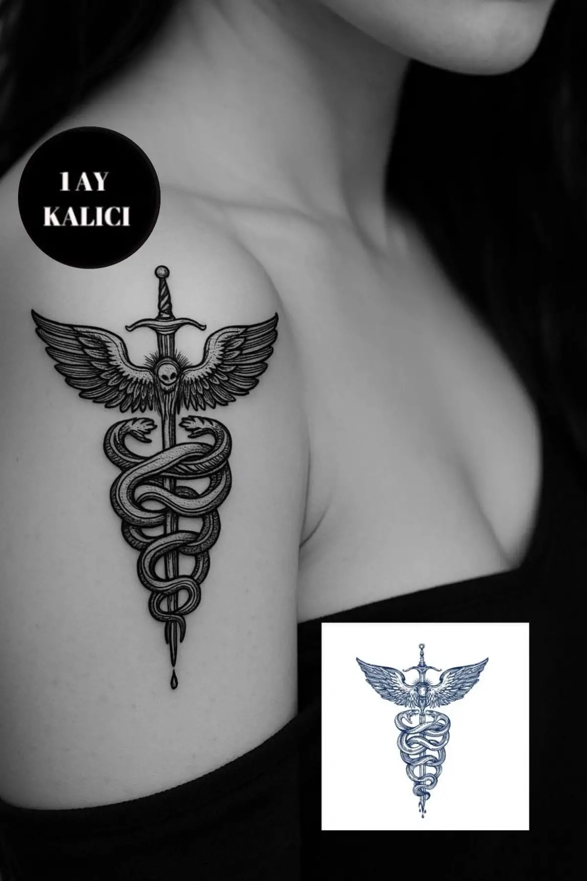 Kılıç Ve Kanat Figürlü 12 Saat Sonra Kararan Geçici Mini Dövme Tattoo