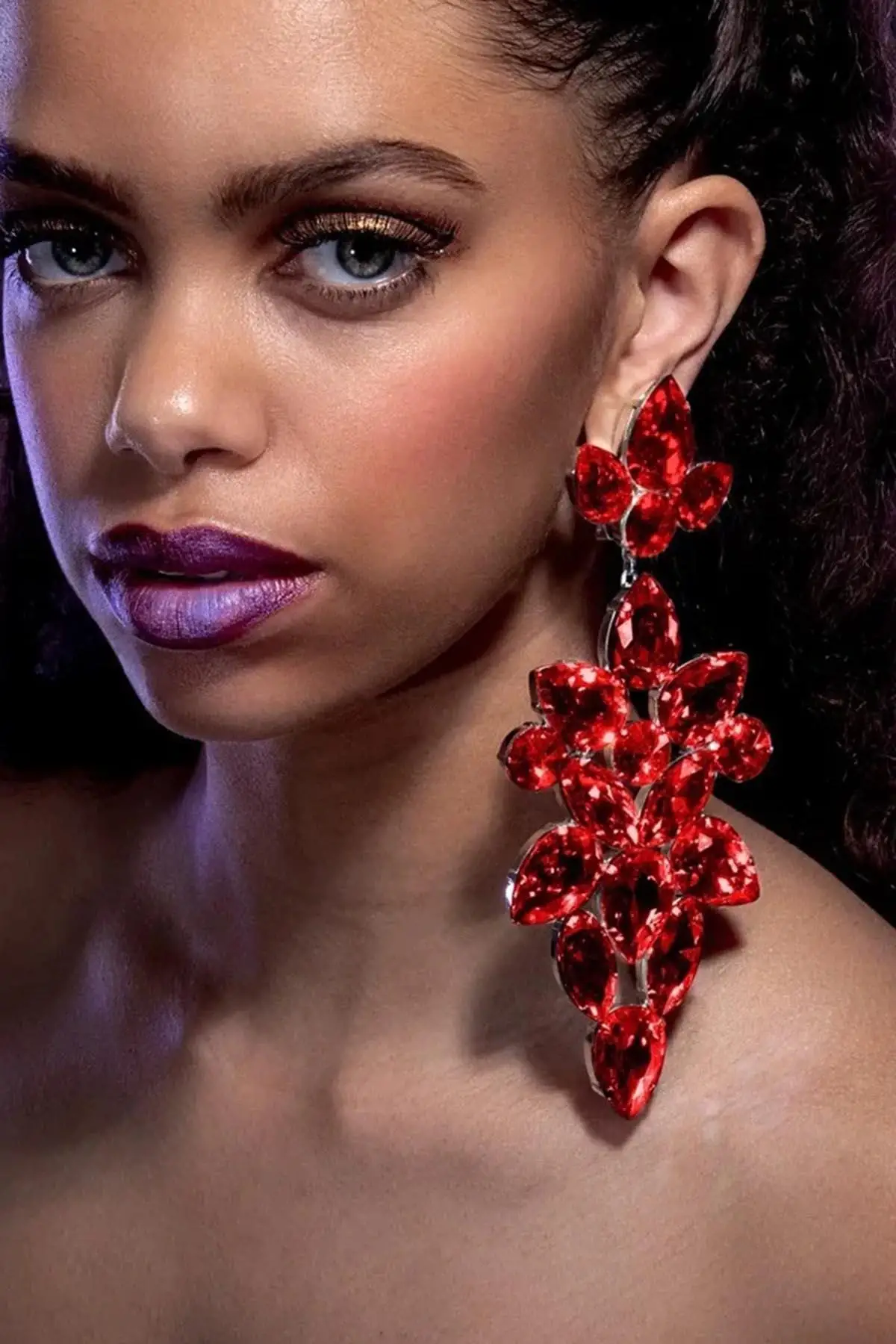 Kırmızı Renk Taşlı Abiye Küpe (Çift) Kına/Gelin Küpe