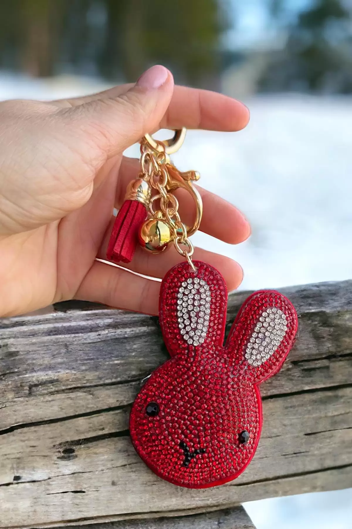 Kırmızı Renk Tavşan Figürlü Taş Detaylı Anahtarlık