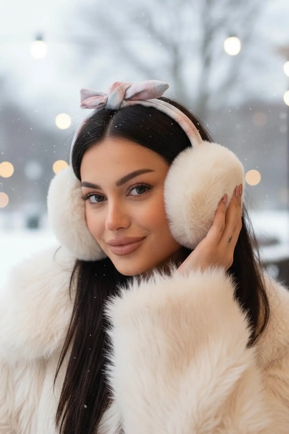 Krem Renk Ekose Desenli Peluş Kulaklık