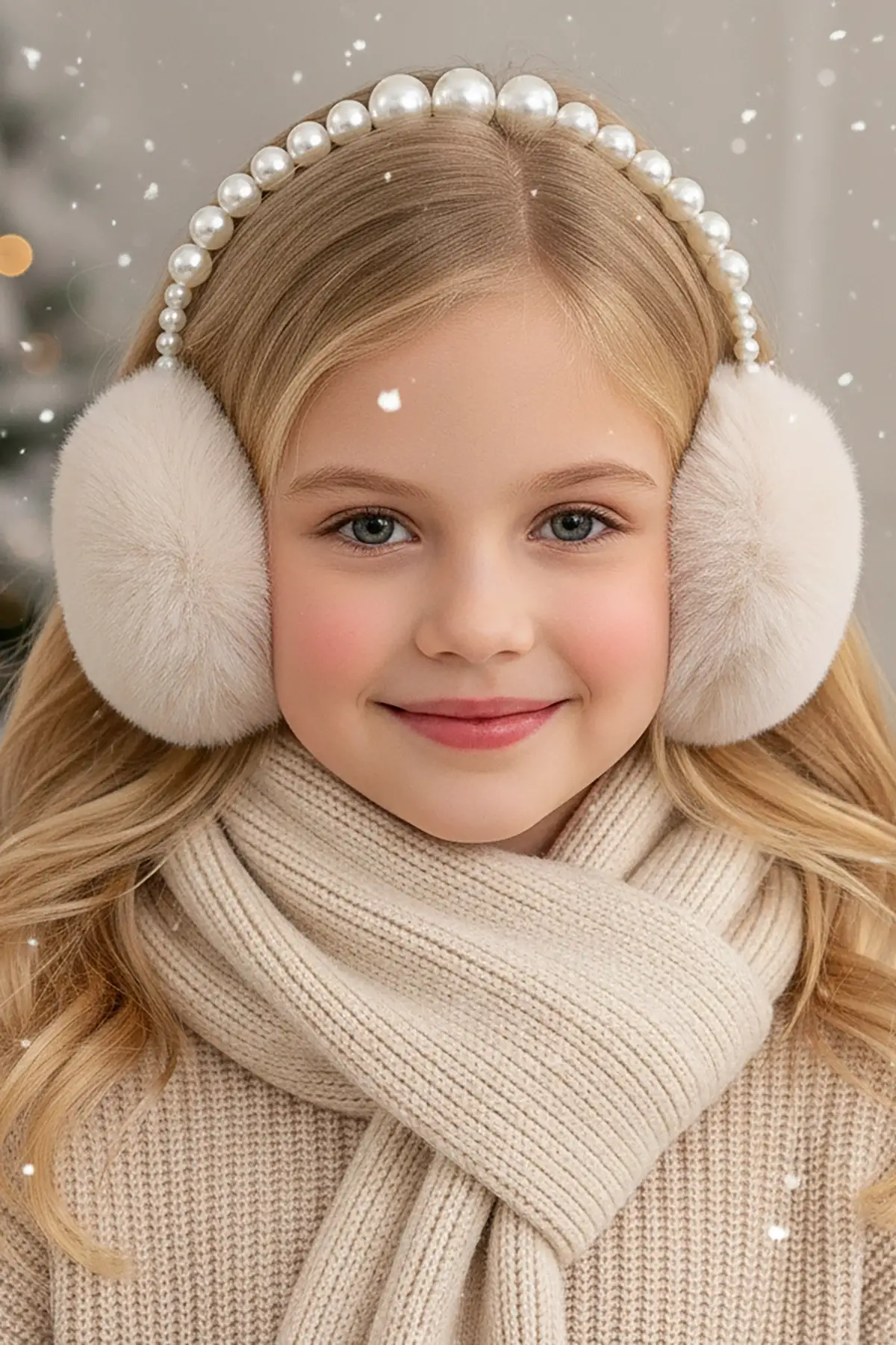 Krem Renk İnci Detaylı Peluş Kulaklık