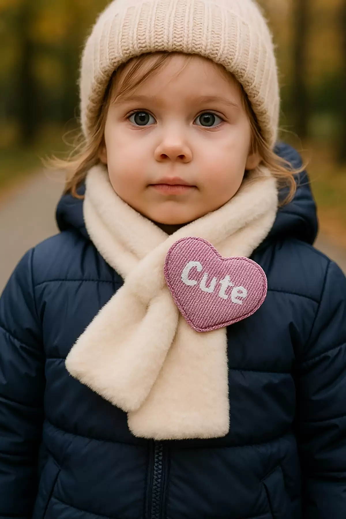 Krem Renk Kalp Figürlü Peluş Çocuk Atkı
