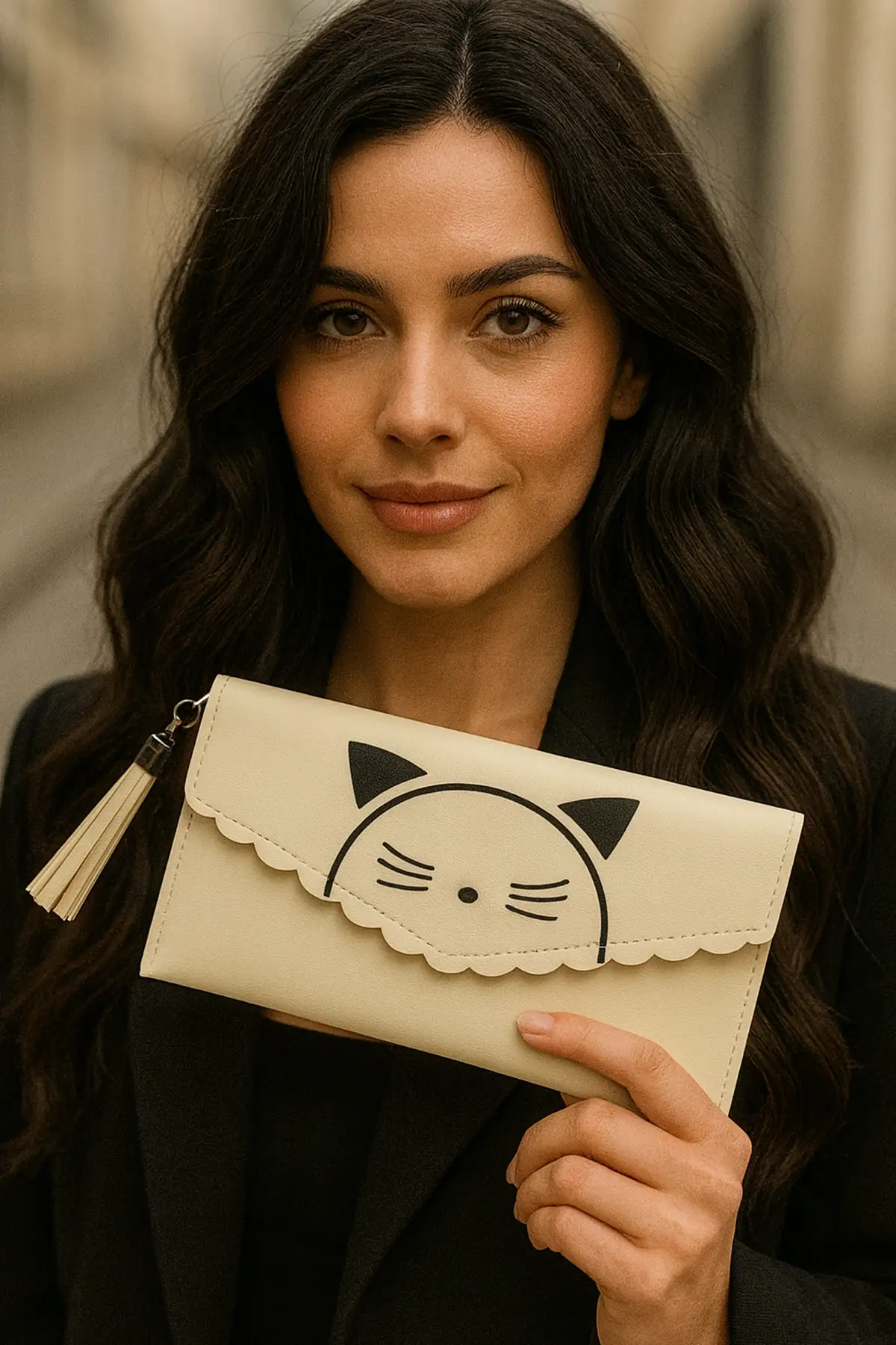 Krem Renk Kedi Figürlü Deri Kadın Cüzdan