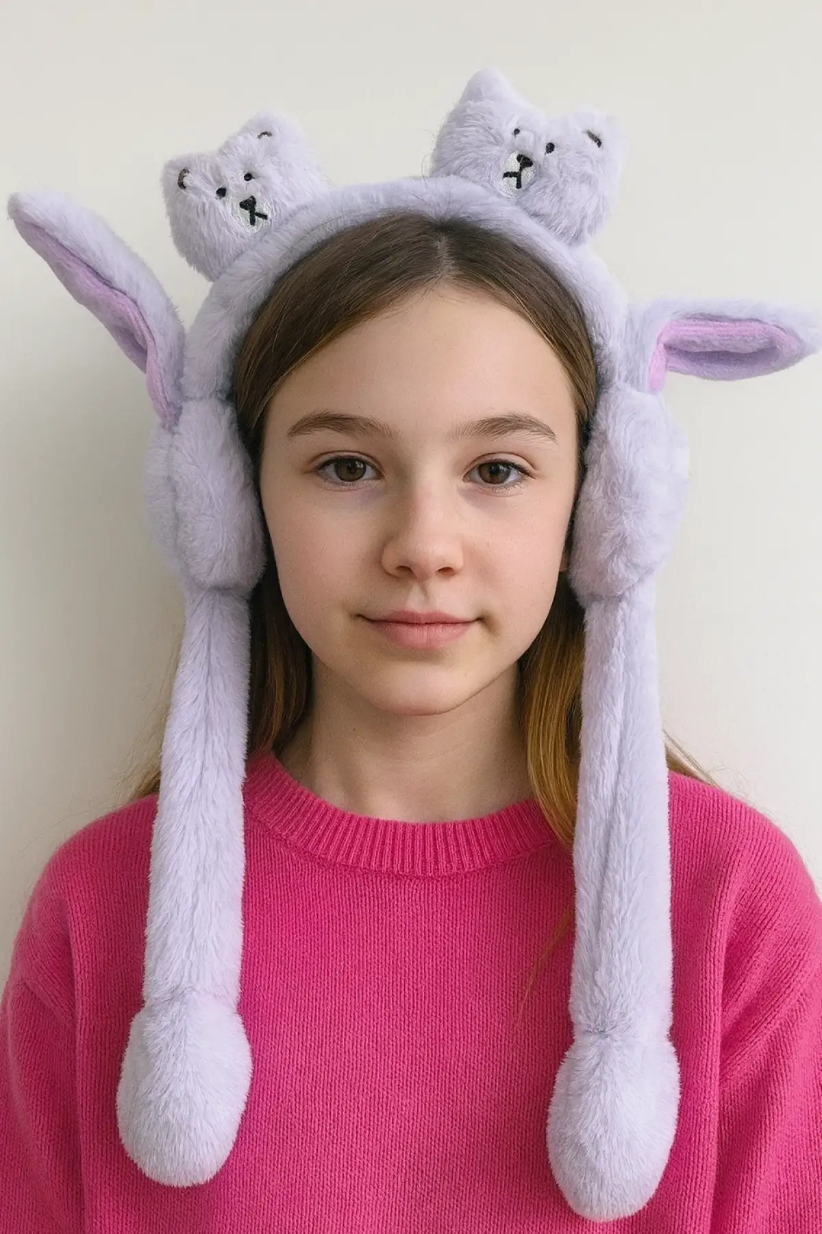 Lila Renk Ayıcık Figürlü Kulakları Oynayan Peluş Kulaklık