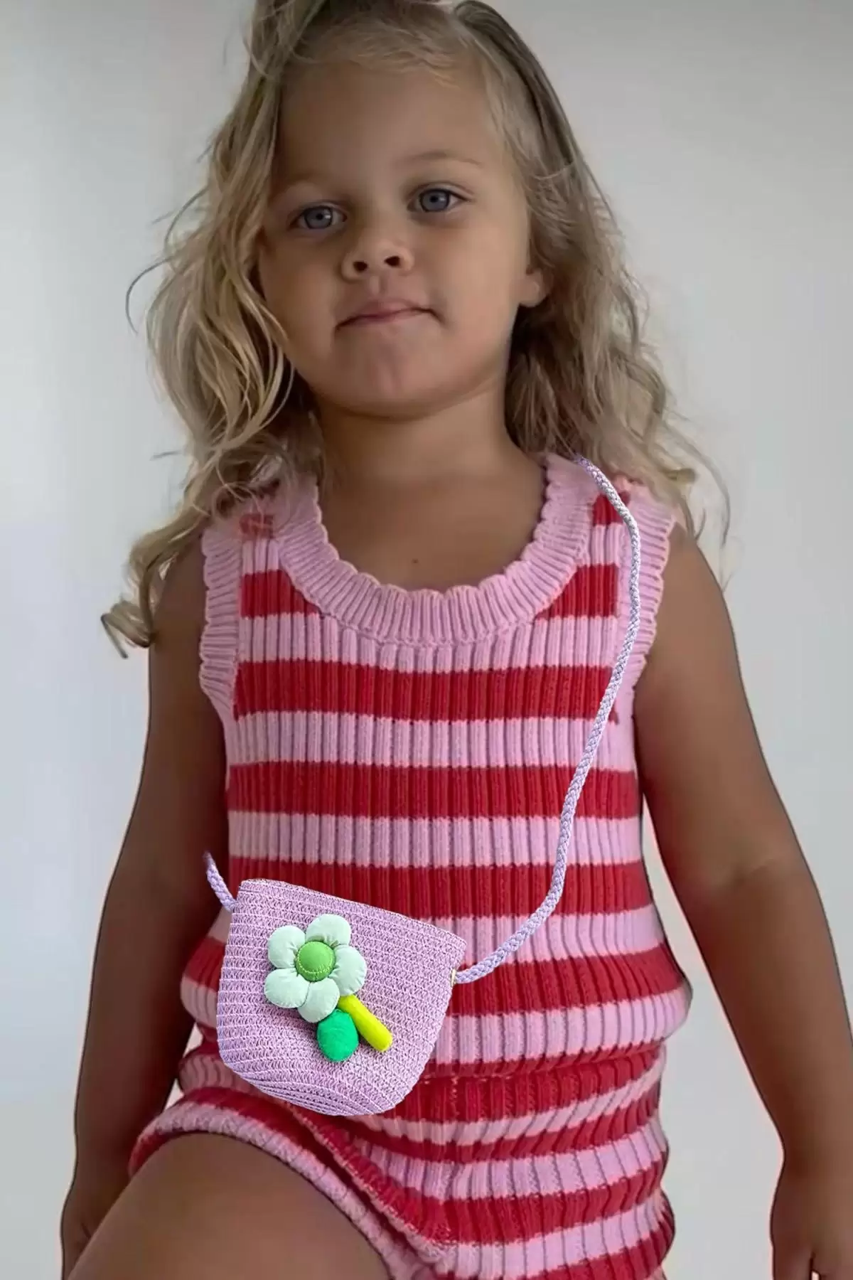 Lila Renk Çiçek Figürlü Çocuk Hasır Çanta