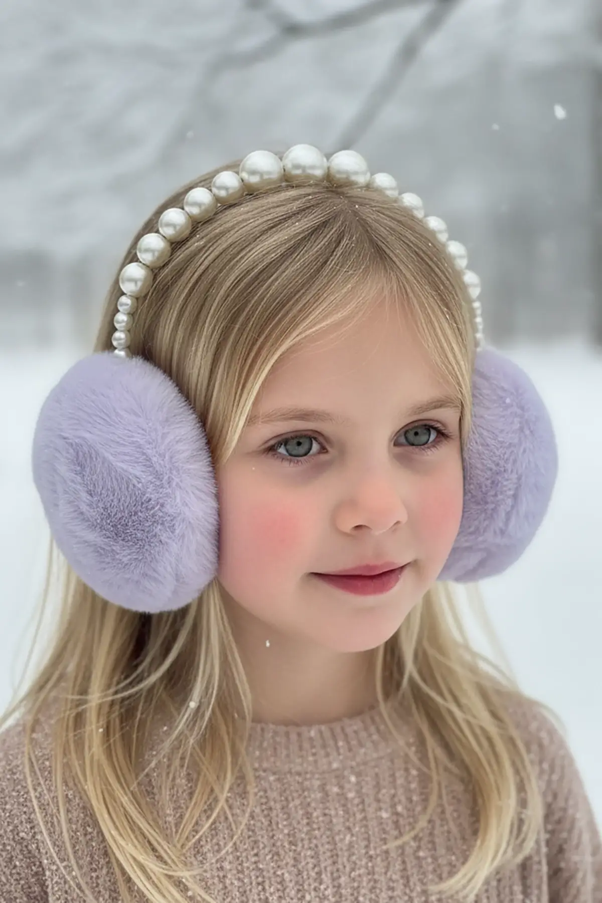 Lila Renk İnci Detaylı Peluş Kulaklık