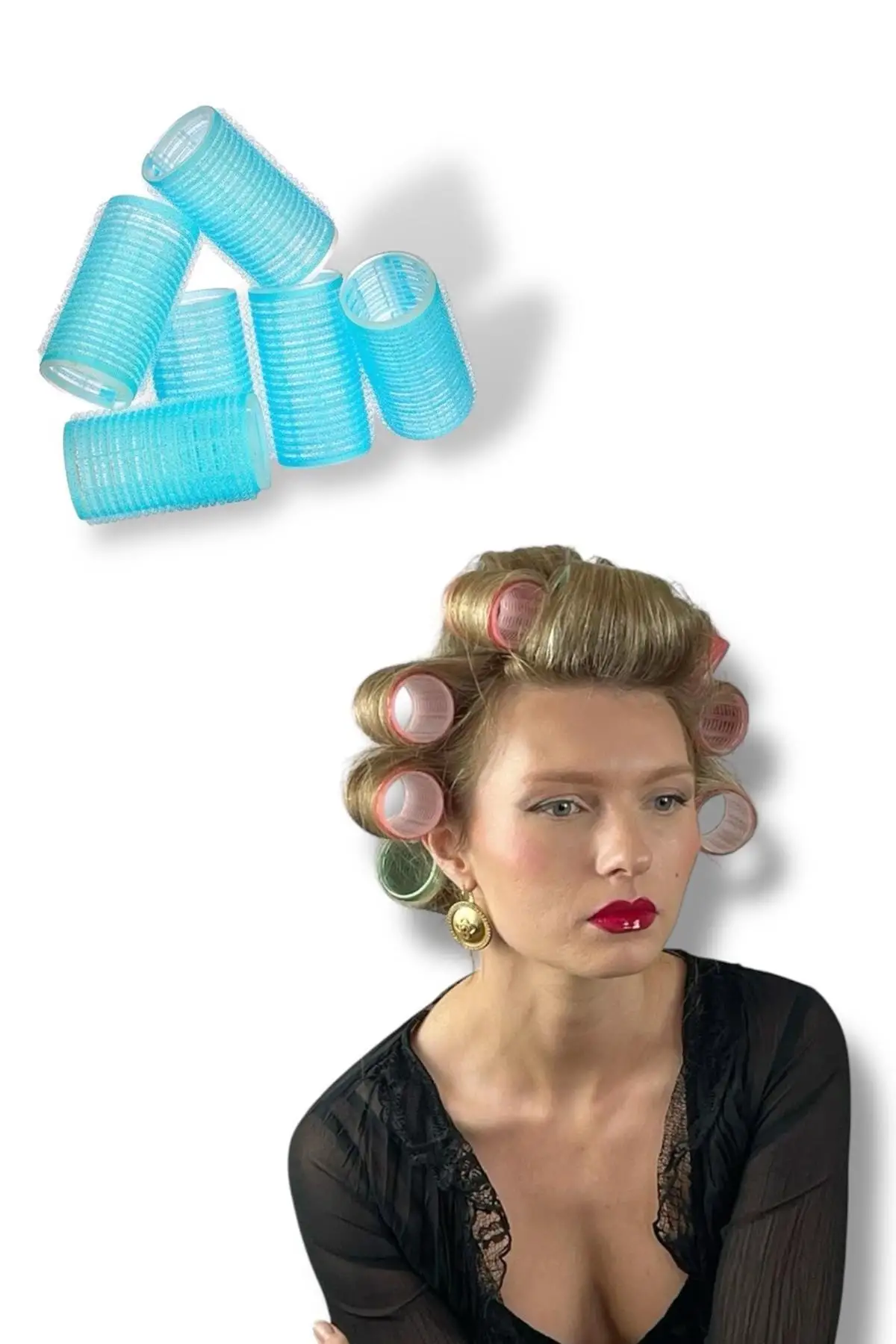 Mavi Renk 6 Adet Bigudi Cırtlı/ Yapışkanlı Saç Bigudisi /Orta Boy