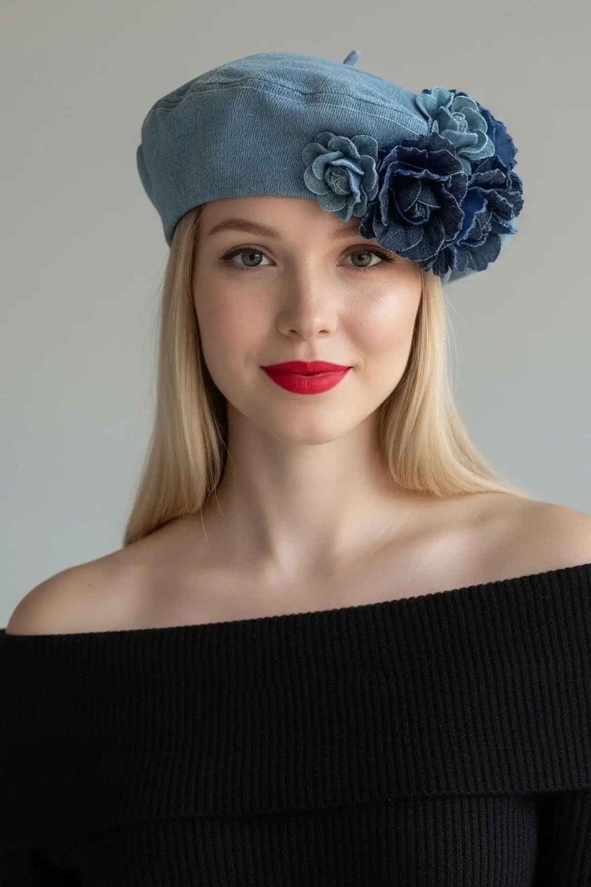 Mavi Renk Çiçek Figürlü Kot Tasarım Şapka