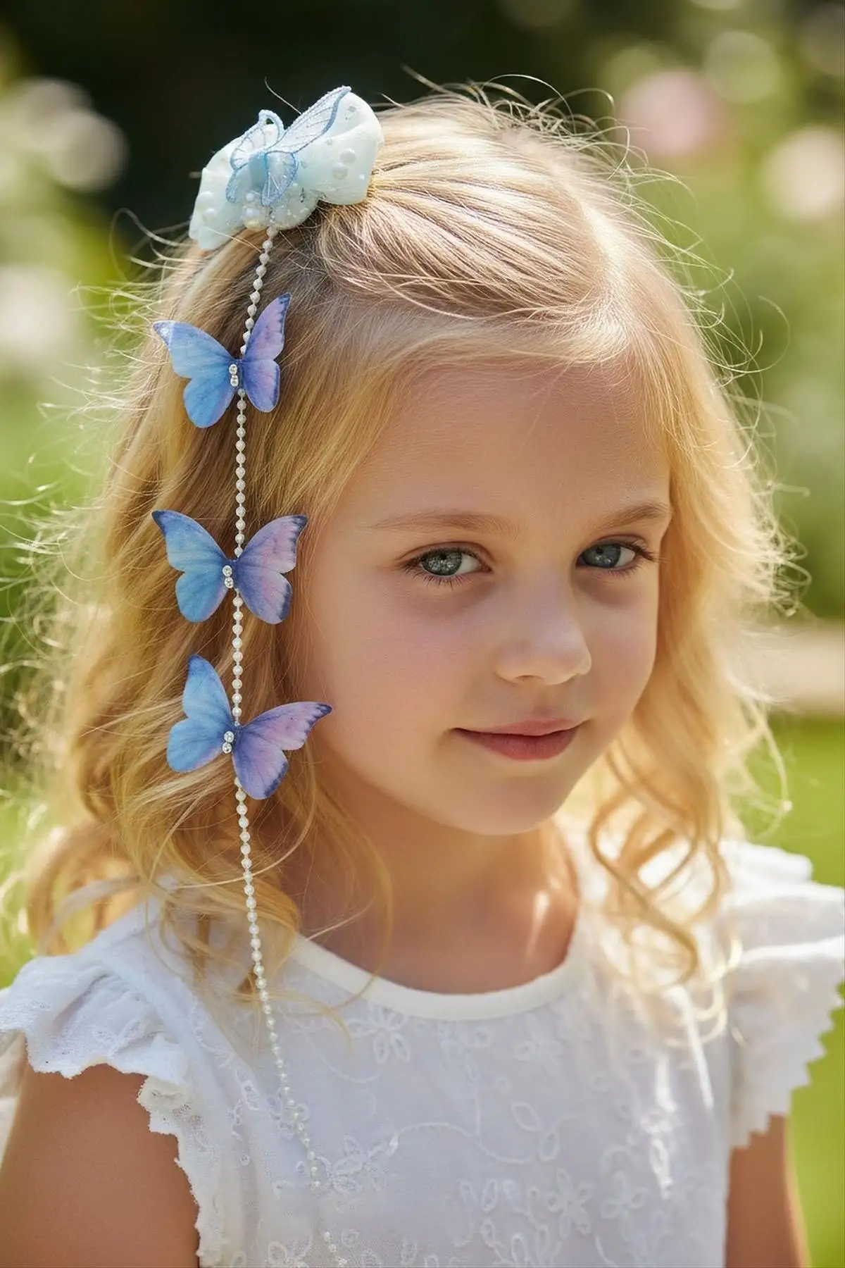 Mavi Renk Kelebek Figürlü İnci Detaylı Çocuk Yan Toka