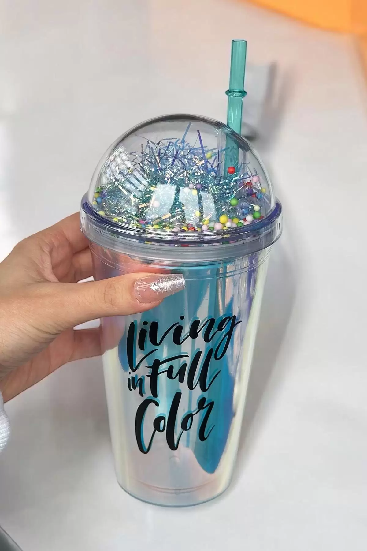 Mavi Renk Living İn Full Color Yazılı Pipetli Suluk