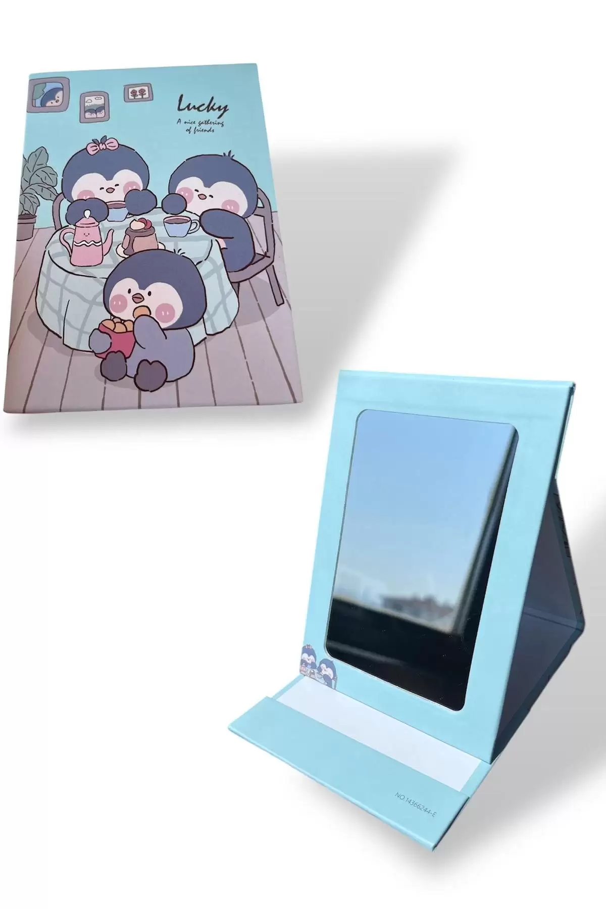 Mavi Renk Penguen Figürlü Lucky Yazılı Masa Aynası