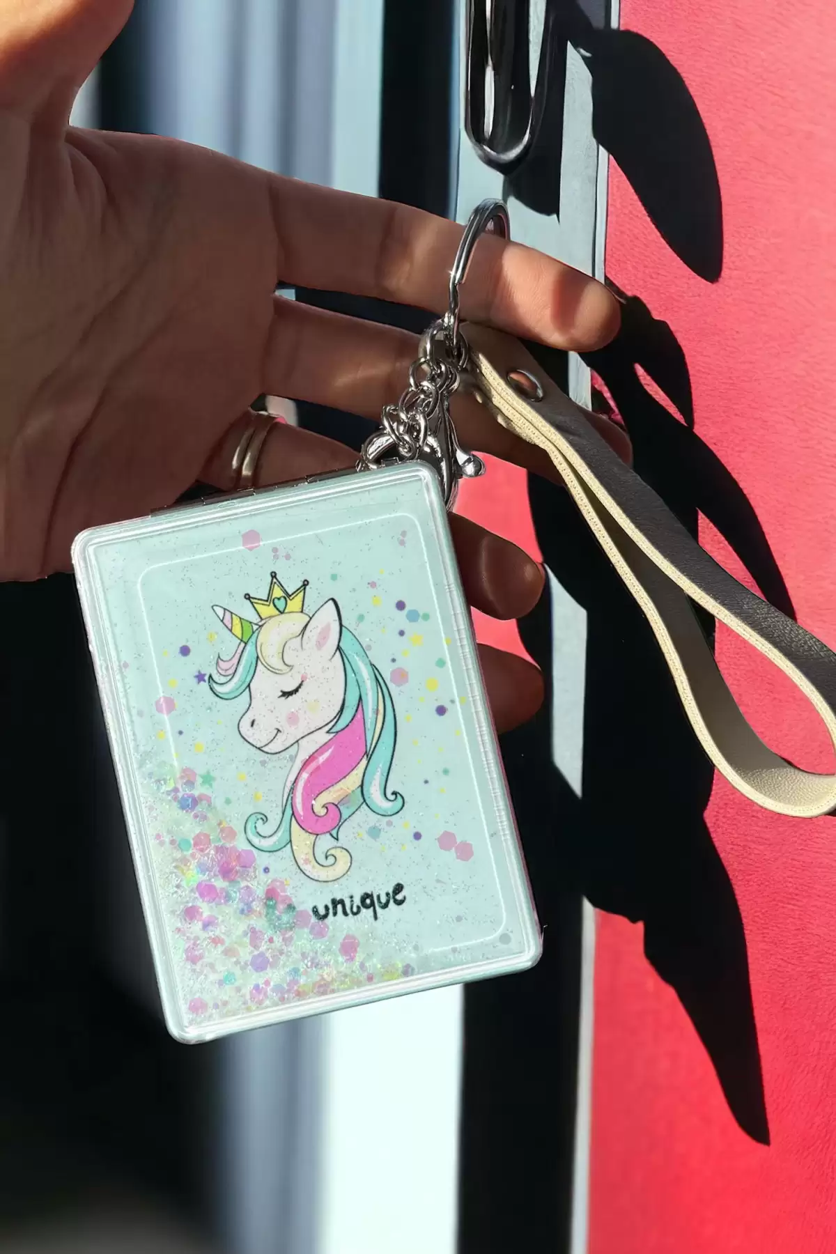 Mavi Renk Unicorn Figürlü Simli Cep Ayna/Anahtarlık