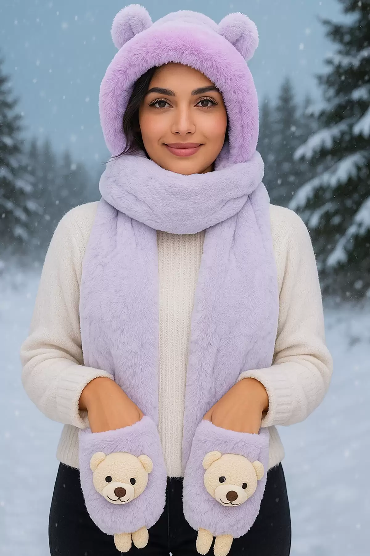 Mor Renk Ayıcık Figürlü Rüzgar Geçirmez Peluş Bere Atkı Eldiven