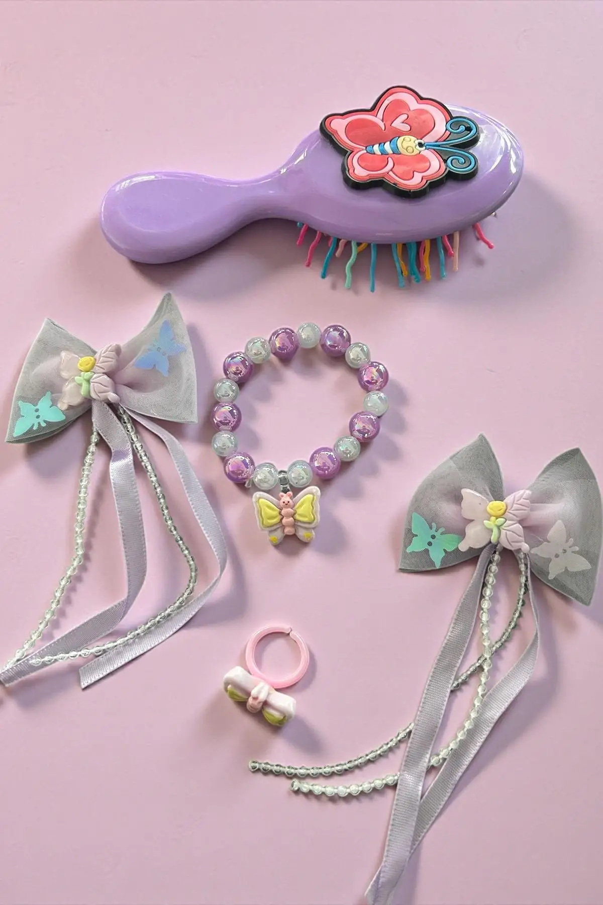 Mor Renk Kelebek Figürlü Tarak /Bileklik /Yüzük Ve Toka Set