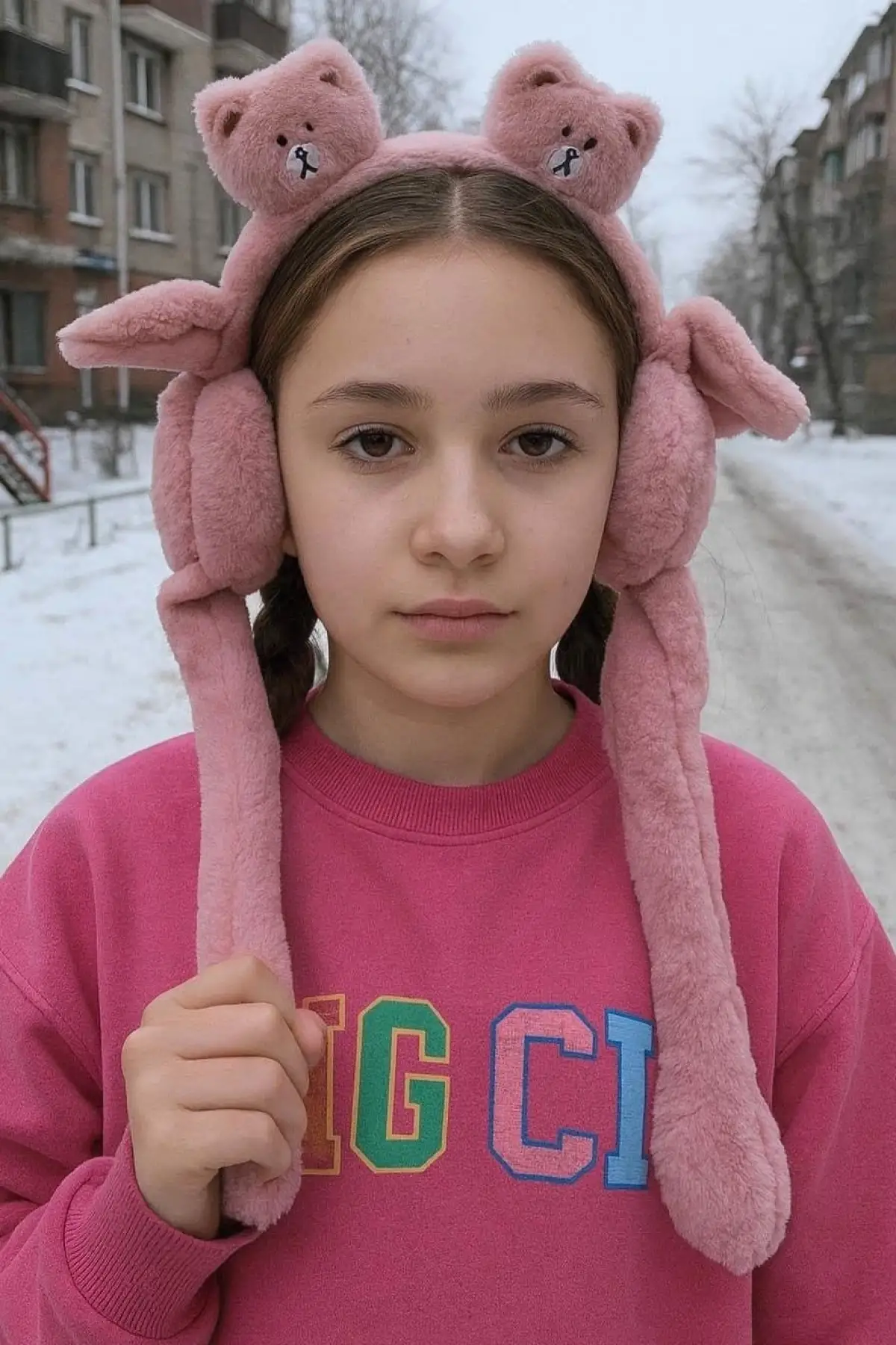 Pembe Renk Ayıcık Figürlü Kulakları Oynayan Peluş Kulaklık
