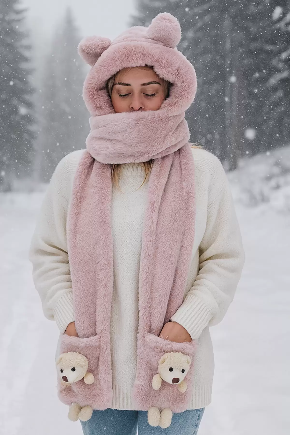 Pembe Renk Ayıcık Figürlü Rüzgar Geçirmez Peluş Bere Atkı Eldiven
