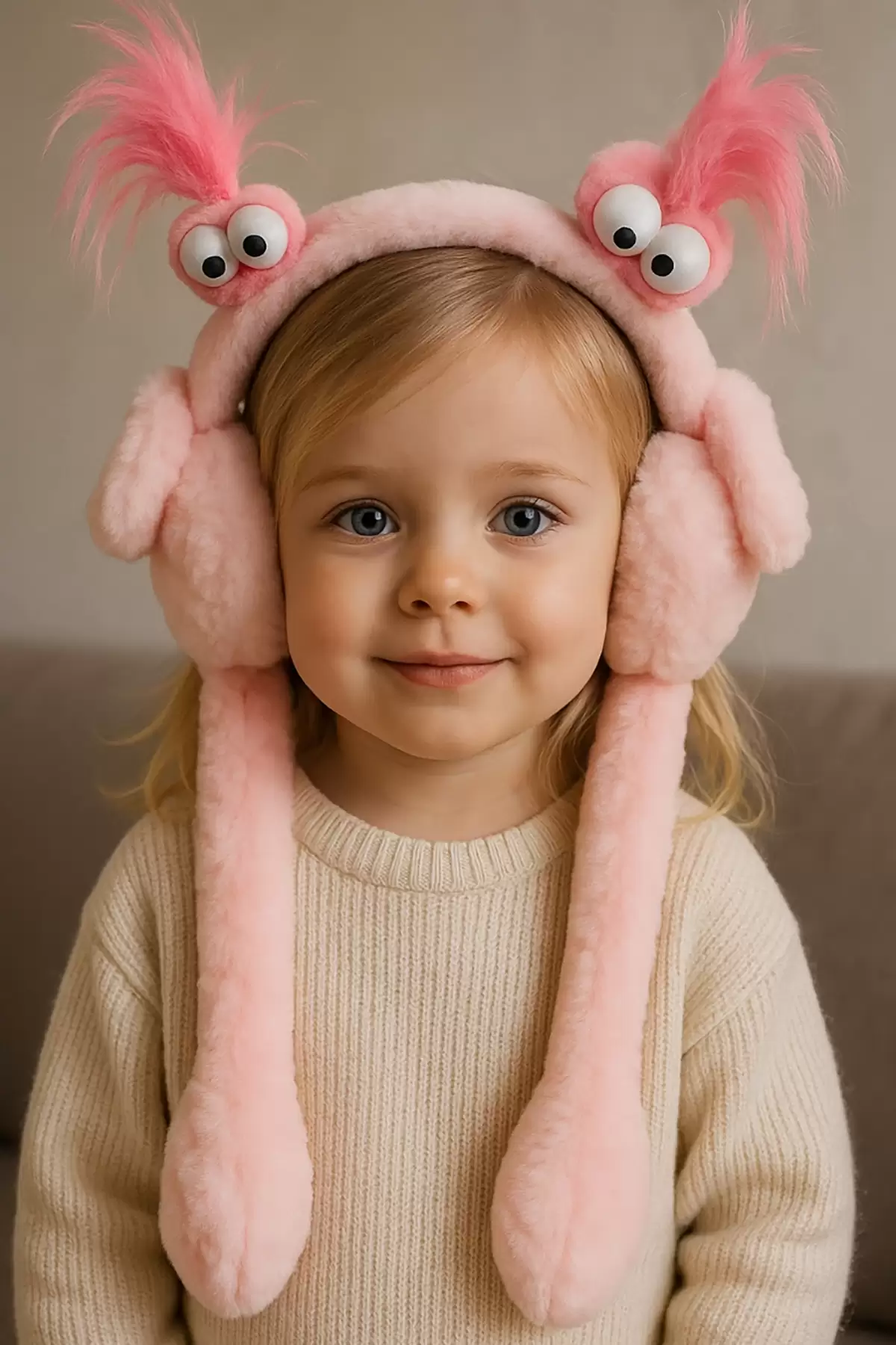 Pembe Renk Canavar Figürlü Kulakları Oynayan Peluş Kulaklık