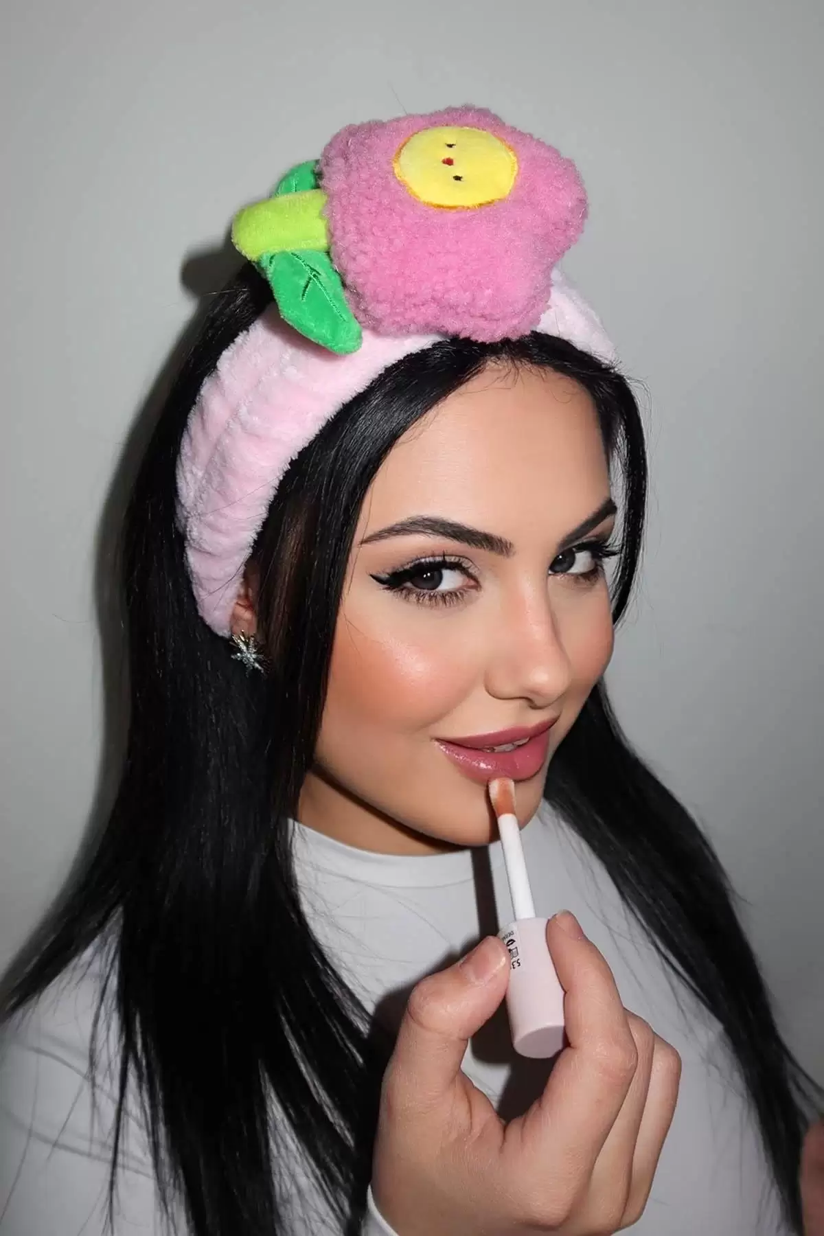 Pembe Renk Çiçek Figürlü Peluş Saç Bandı