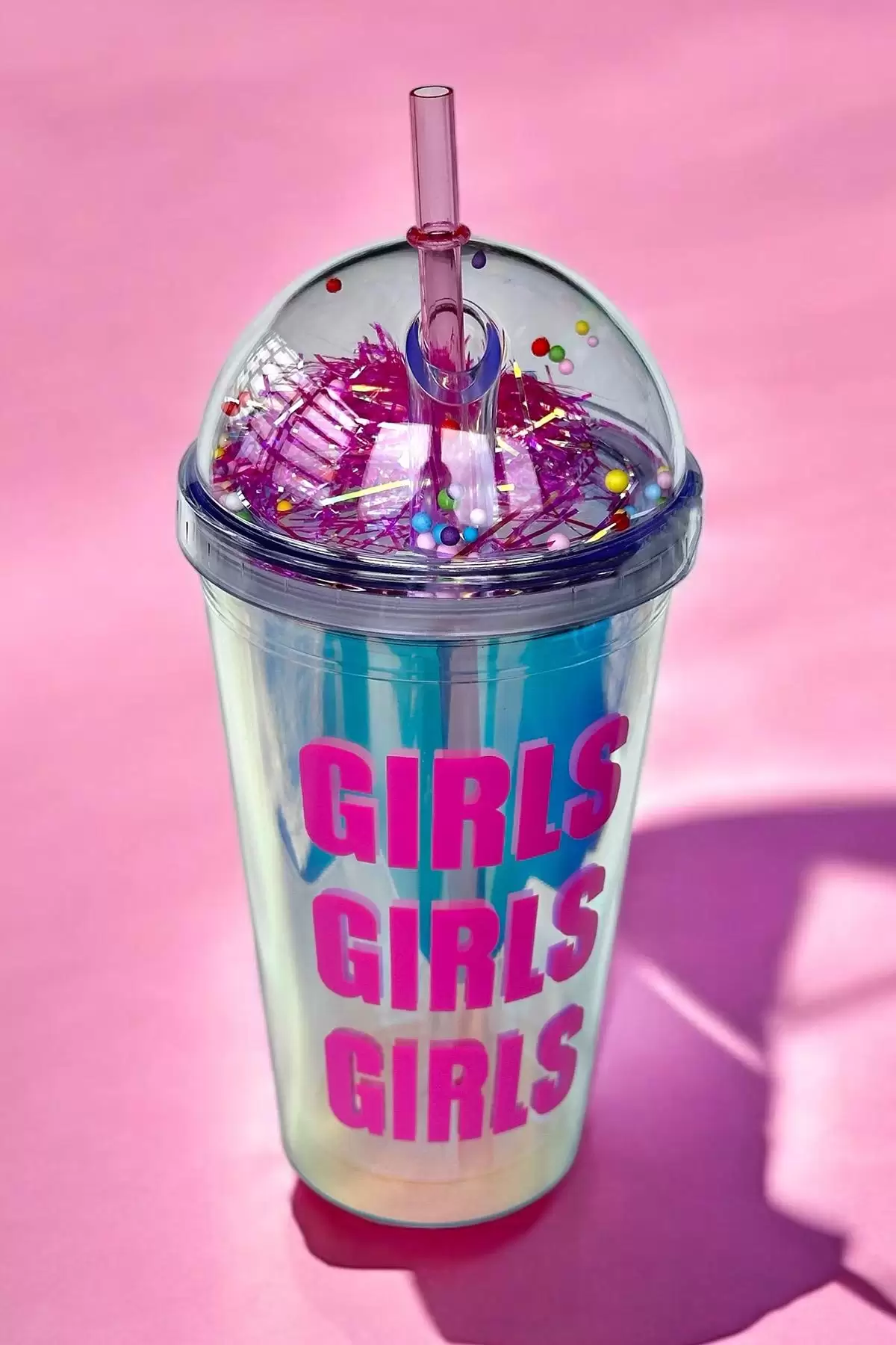Pembe Renk Girls Yazılı Pipetli Suluk