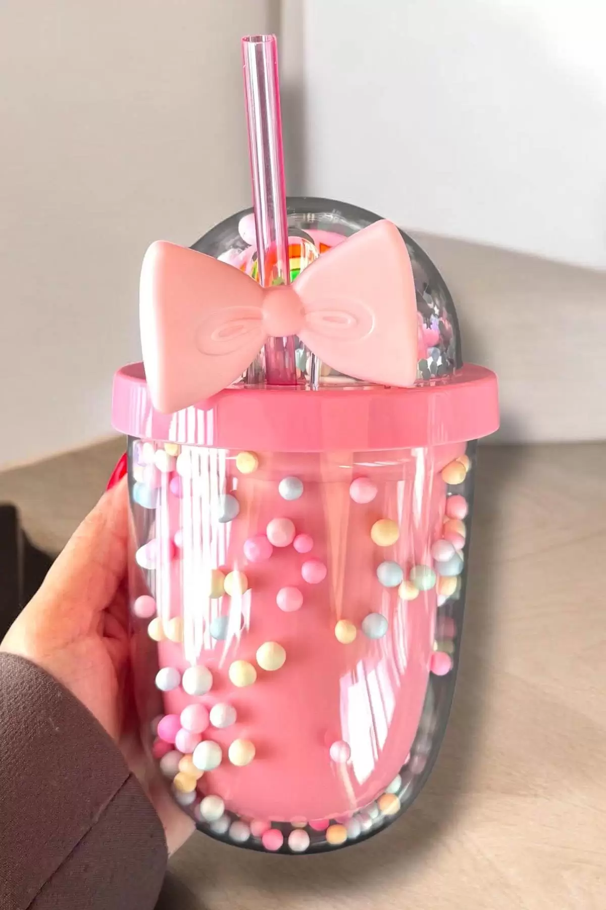 Pembe Renk Gökkuşağı Figürlü Pipetli Suluk