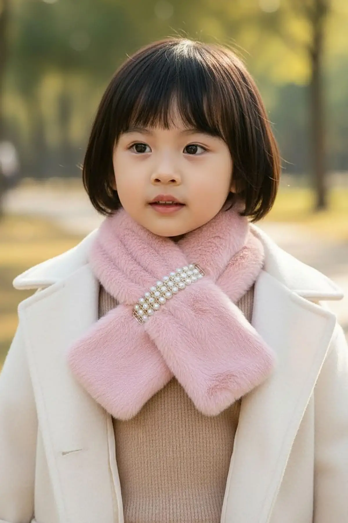 Pembe Renk İnci Detaylı Çocuk Peluş Atkı