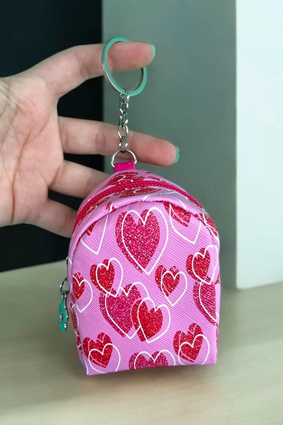 Pembe Renk Kalp Figürlü Anahtarlık /Cüzdan