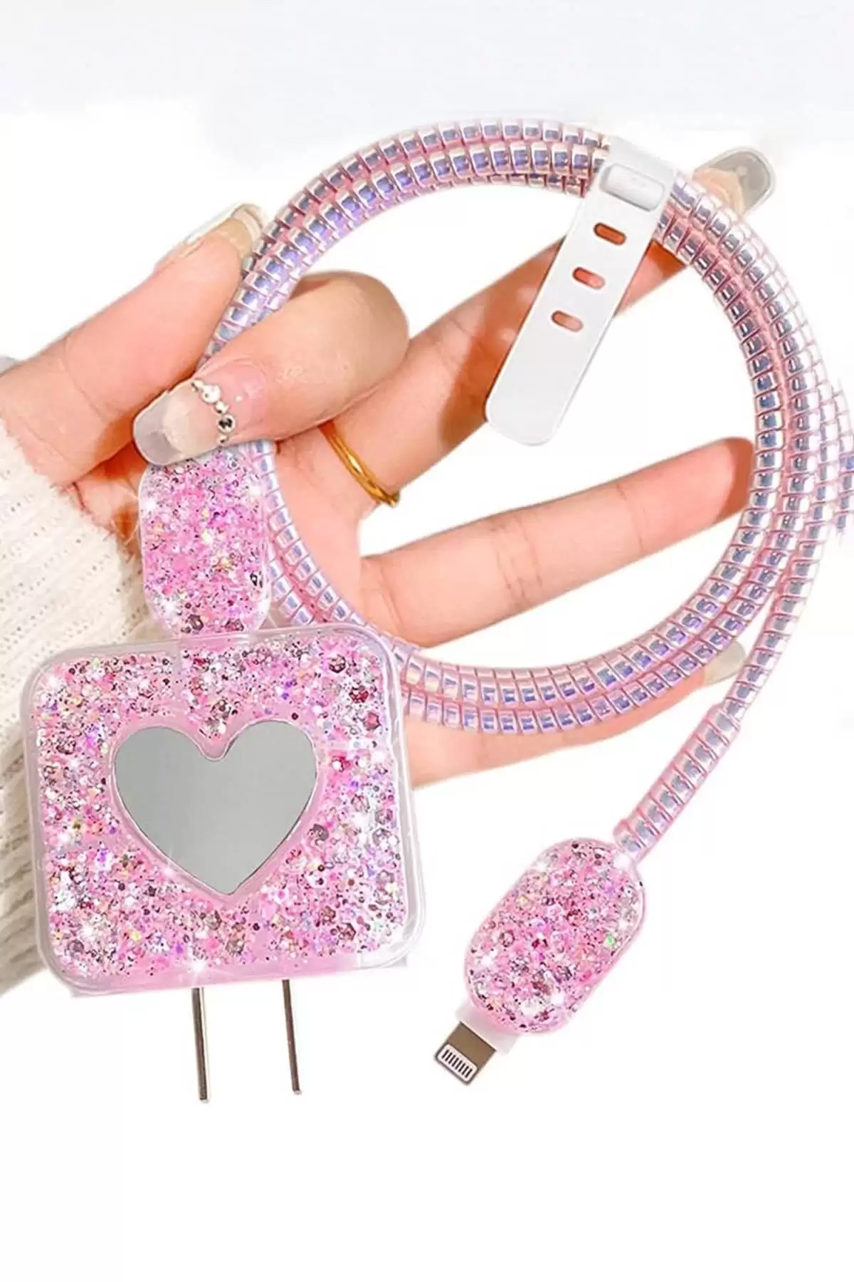Pembe Renk Kalp Figürlü Ayna Detaylı Şarj Kablosu/ Adaptör Koruyucu Kılıf