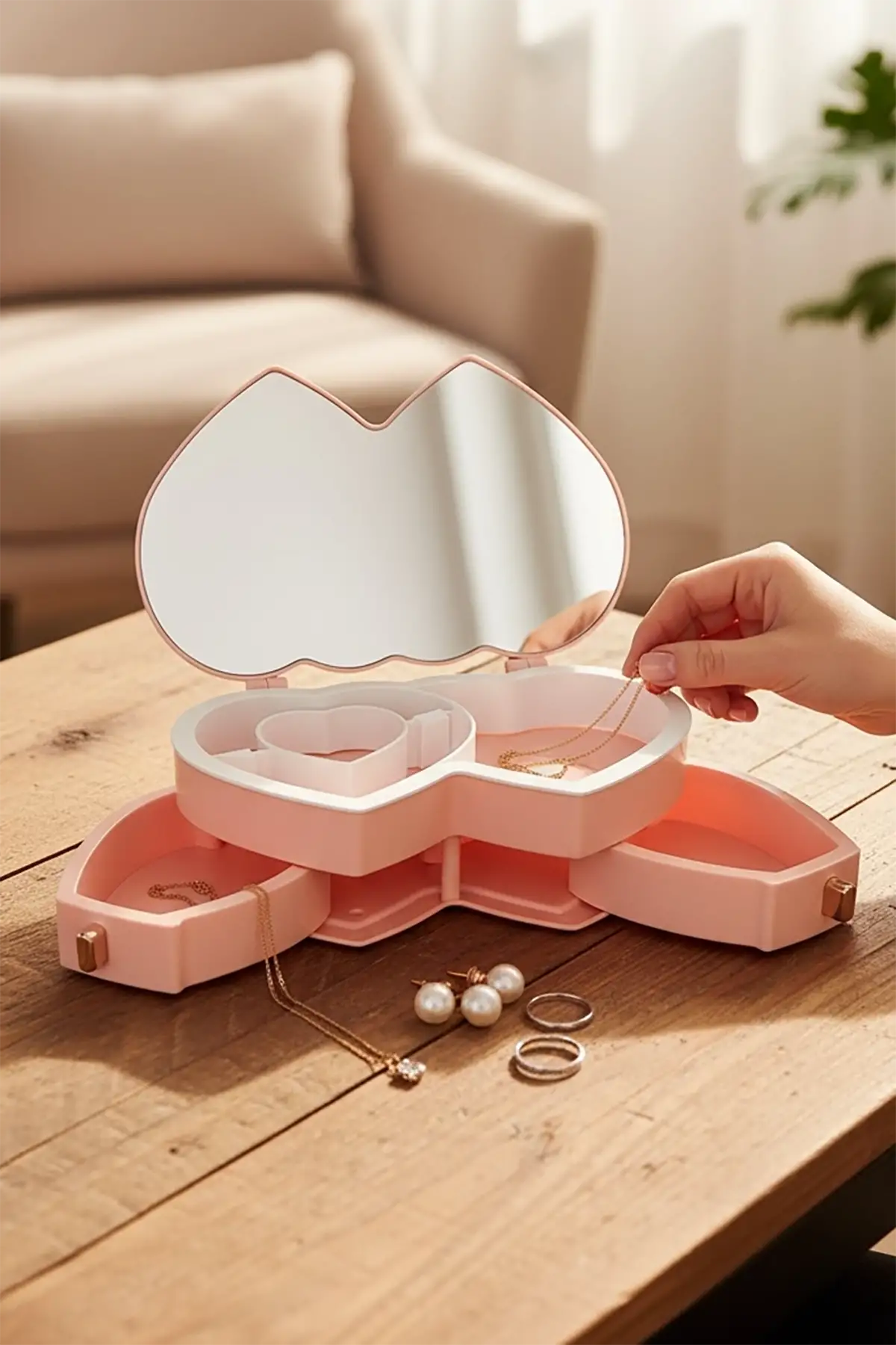 Pembe Renk Kalp Figürlü Aynalı Çekmeceli Takı Organizeri