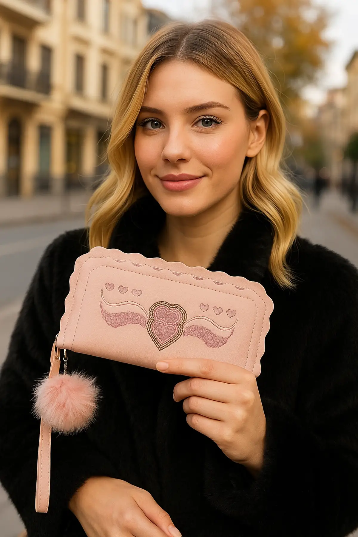 Pembe Renk Kalp Figürlü Ponpon Detaylı Kadın Deri Cüzdan