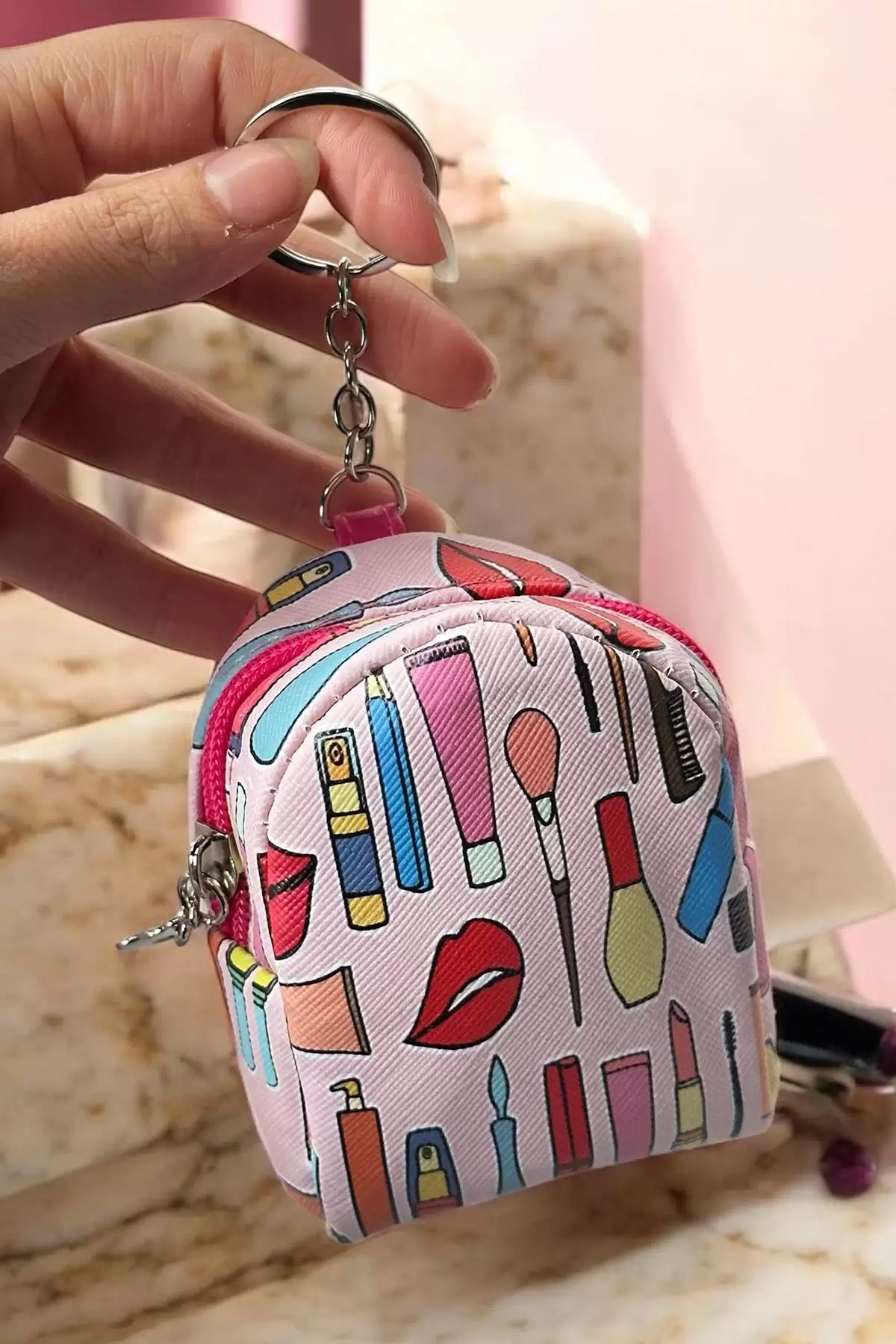 Pembe Renk Karışık Figürlü Anahtarlık Cüzdan