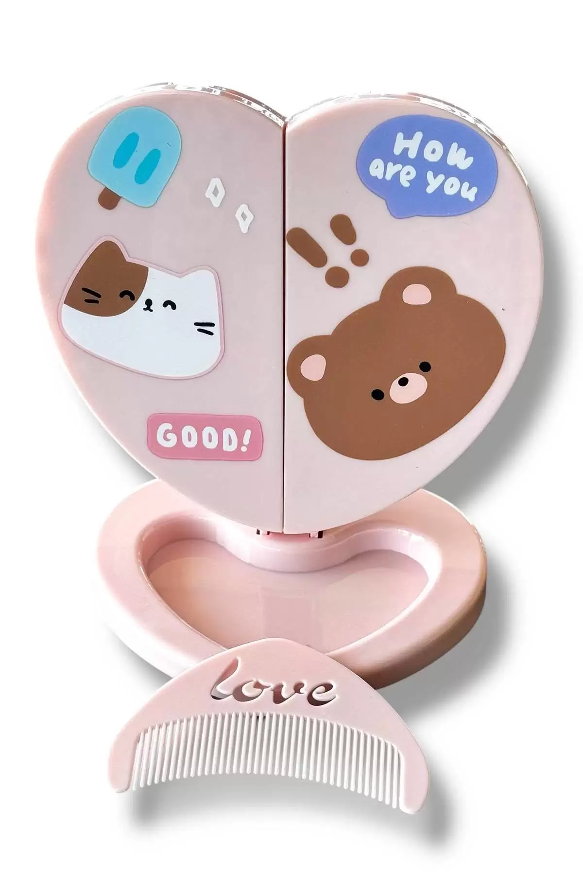 Pembe Renk Karışık Figürlü Tarak / Masa Aynası Set