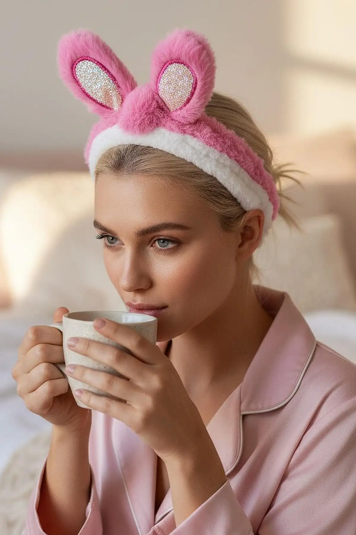 Pembe Renk Kulak Detaylı Peluş Saç Bandı