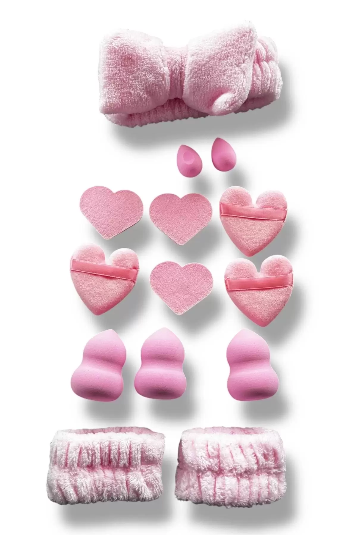 Pembe Renk Kurdele Figürlü Havlu Saç Bandı/ Makyaj Süngeri/ Pudra Süngeri/ Su Emici Havlu Bileklik Set