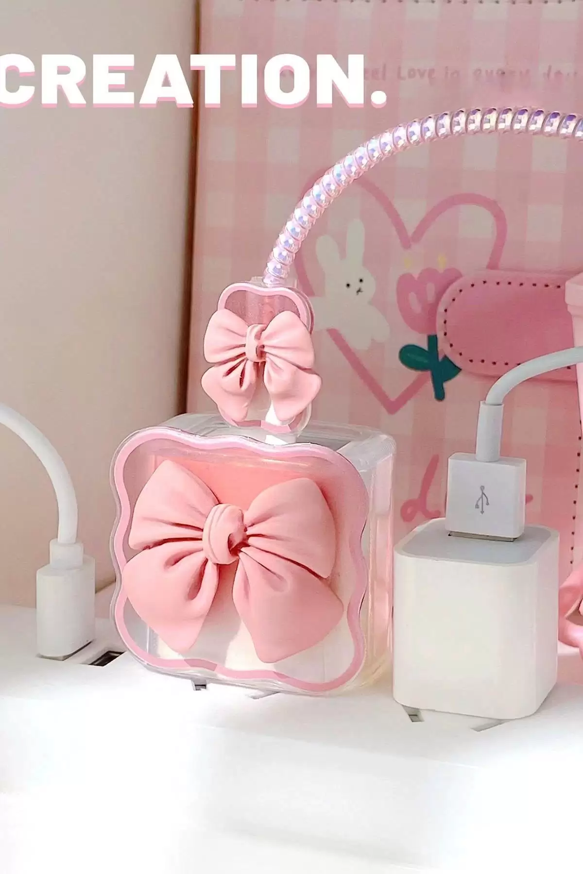 Pembe Renk Kurdele Figürlü Şarj Kablosu/ Adaptör Koruyucu Kılıf