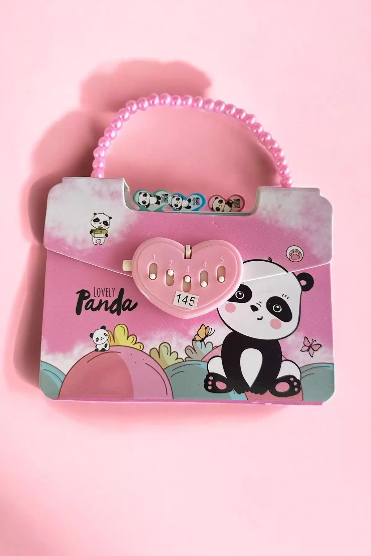 Pembe Renk Panda Figürlü Kilit Detaylı  Not Defteri